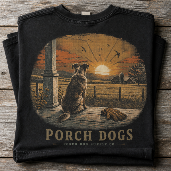 Porch Dogs vintage-washed black tee folded on weathered barnwood, back art of a hound watching the sunrise from the porch