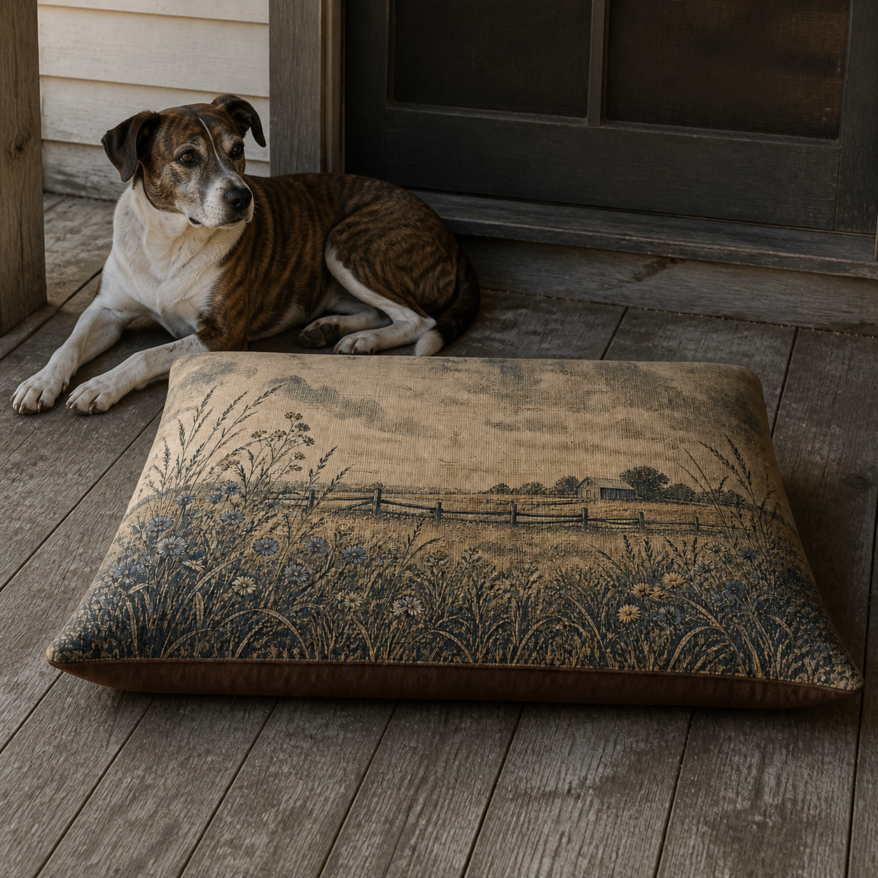 Linen Field and Barn washable dog bed on a covered farmhouse porch with a hound resting beside it