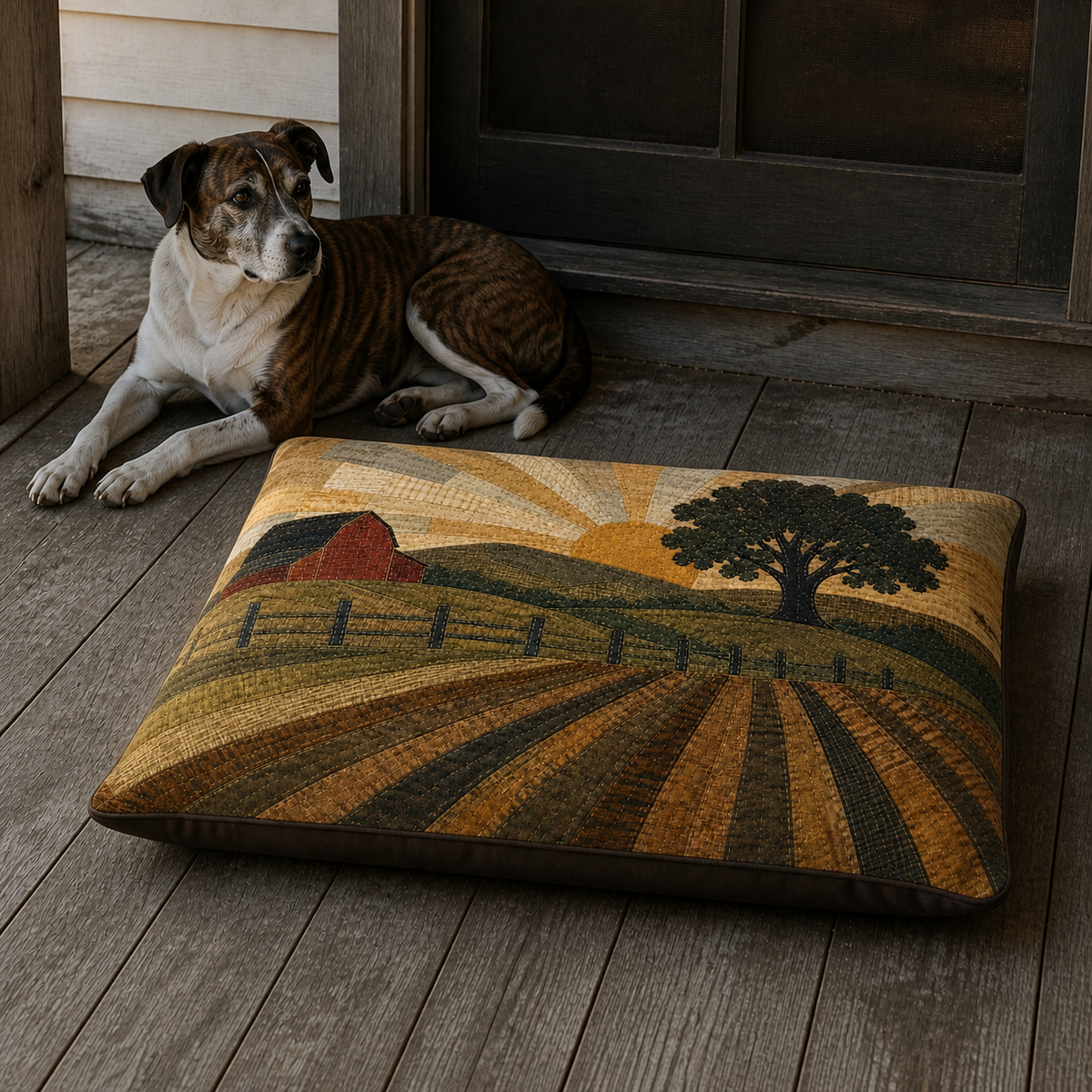 Quilted Pasture Sunset washable dog bed on a covered farmhouse porch with a hound resting beside it