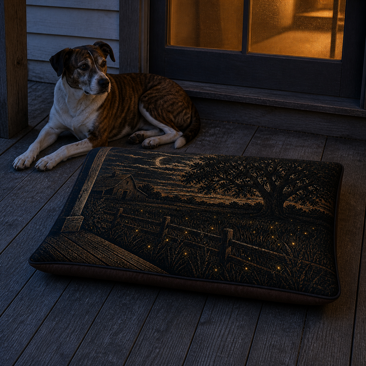 Night Linocut Fireflies washable dog bed on a farmhouse porch at dusk with a hound resting beside it