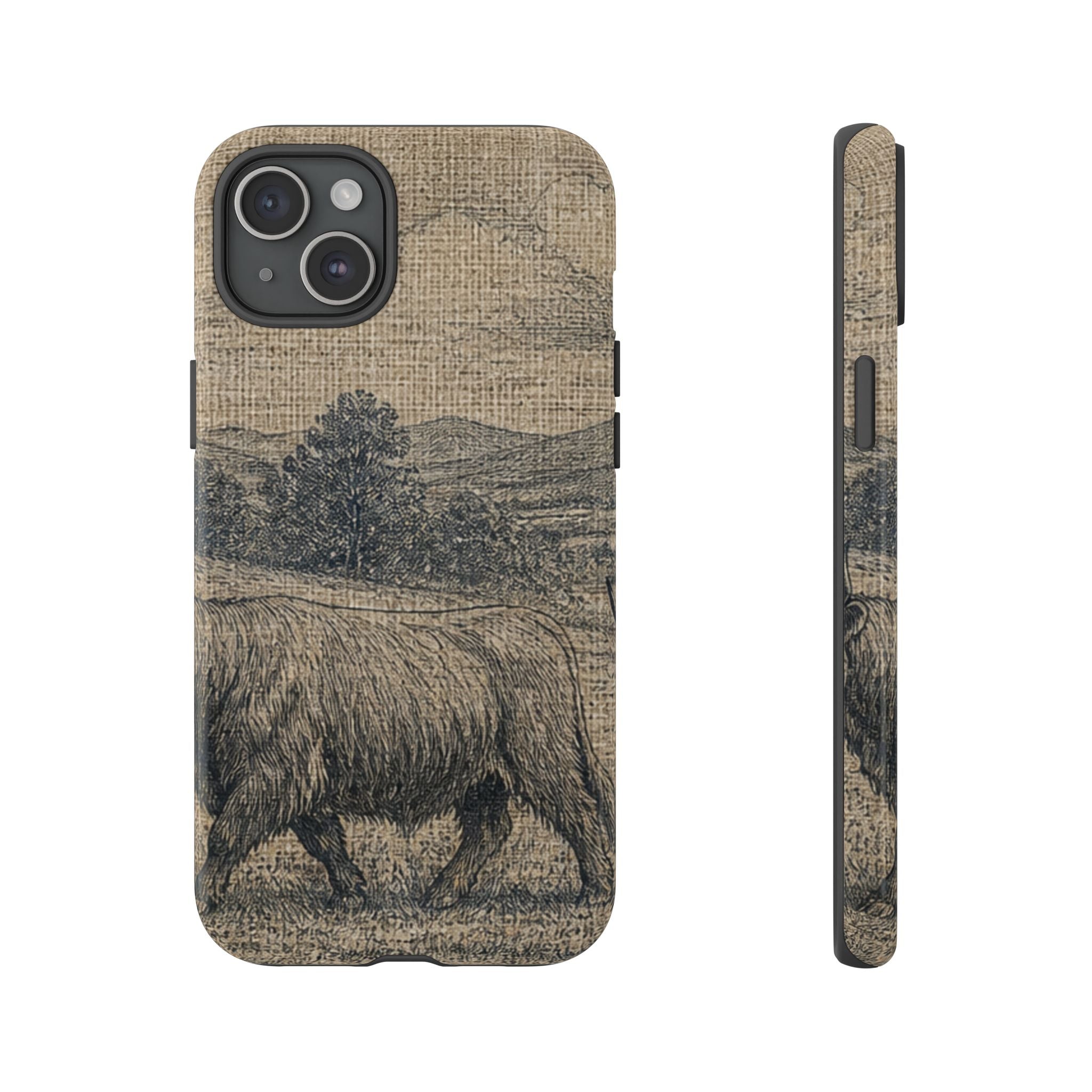Highland Cow iPhone Case – Mini Highland - Linen Field Engraving | Tough Dual-Layer Case, iPhone 11–17
