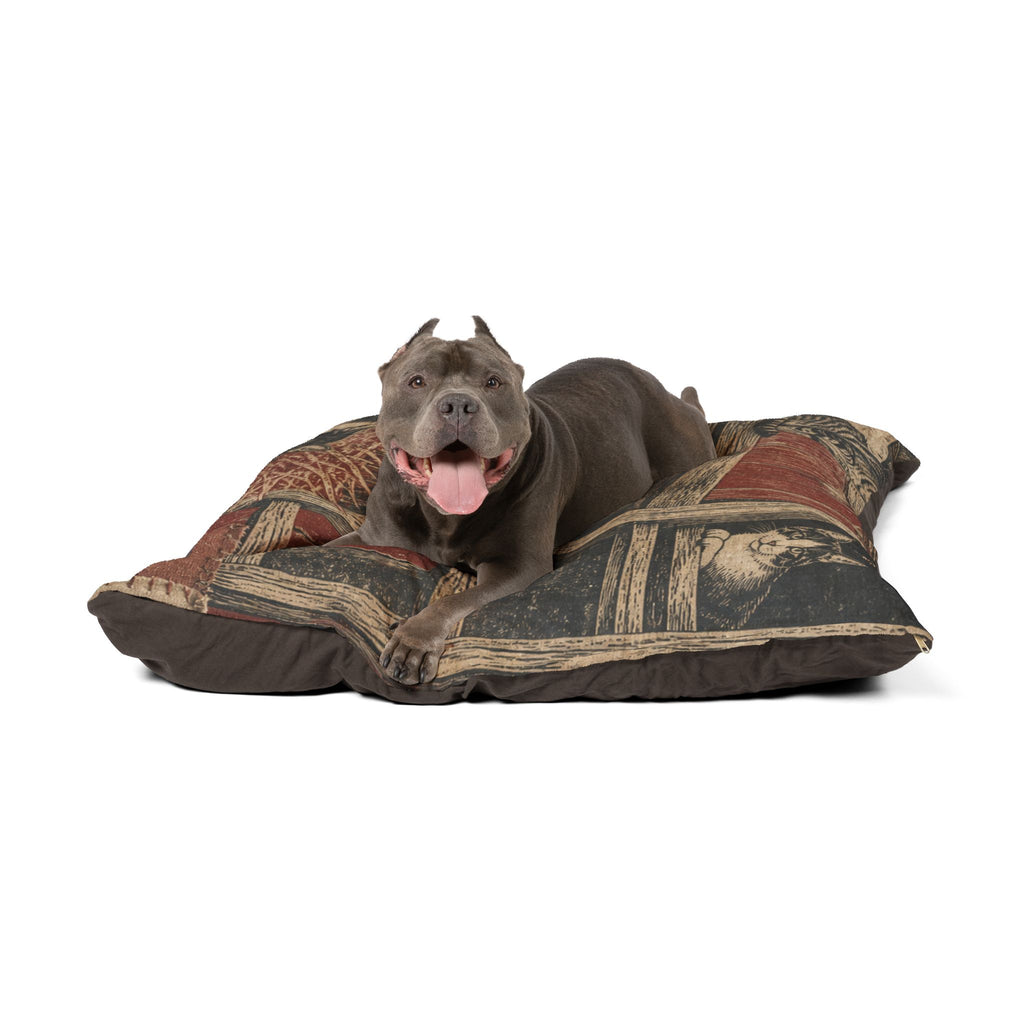 Barn Cat Washable Dog Bed – Barn Cats in the Hayloft Flour-Sack Woodblock | Soft Fleece Pet Bed, 3 Sizes