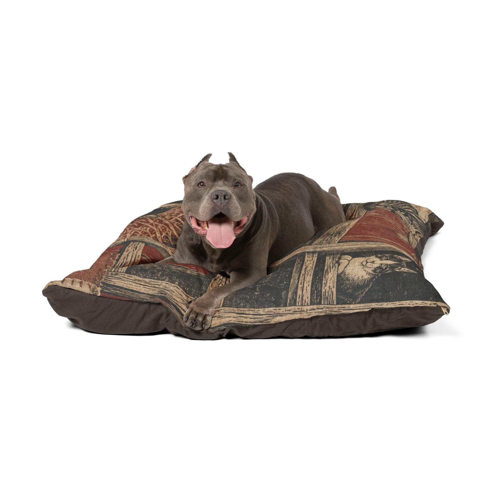 Barn Cat Washable Dog Bed – Barn Cats in the Hayloft Flour-Sack Woodblock | Soft Fleece Pet Bed, 3 Sizes