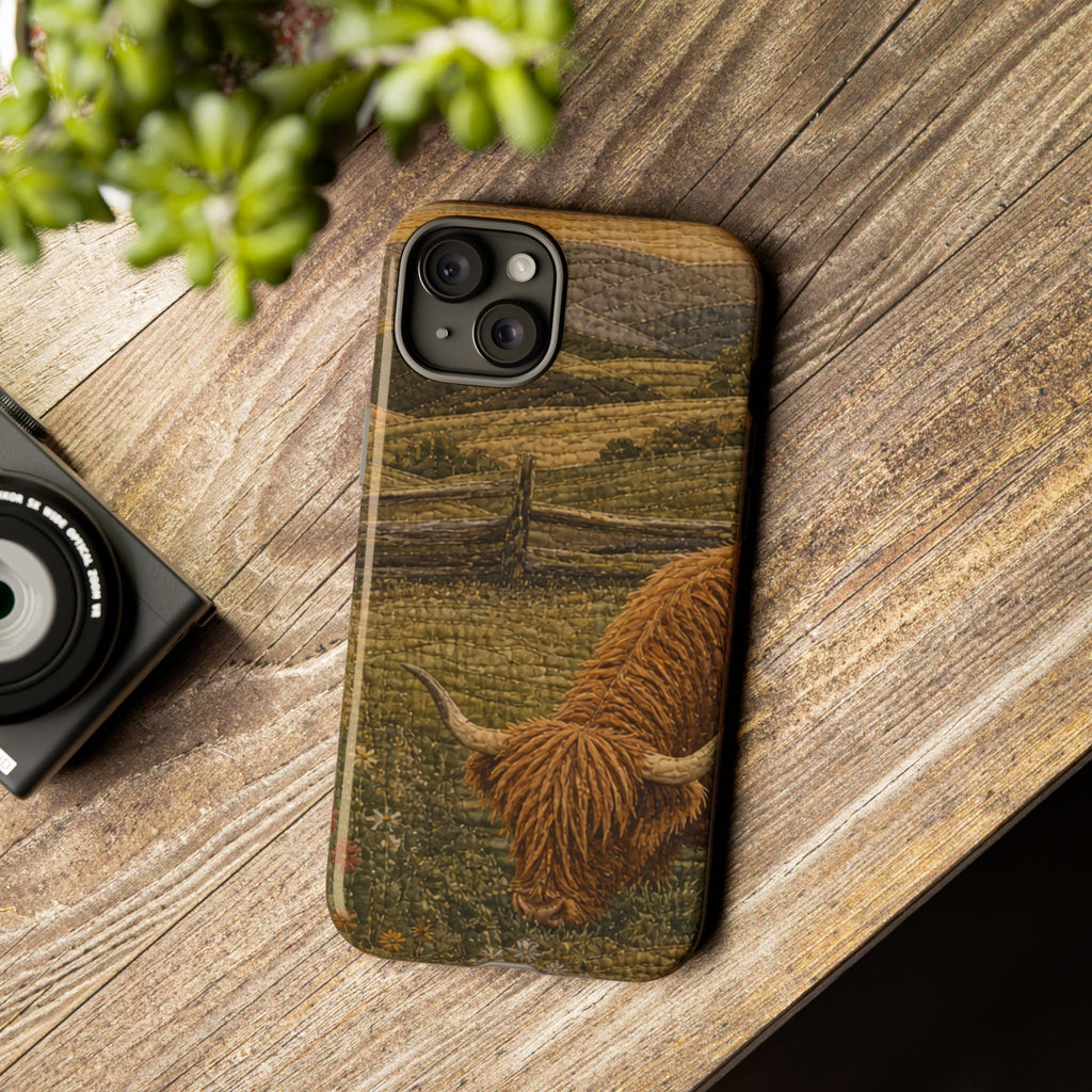 Highland Cow iPhone Case – Mini Highland - Heirloom Quilt Meadow | Tough Dual-Layer Case, iPhone 11–17