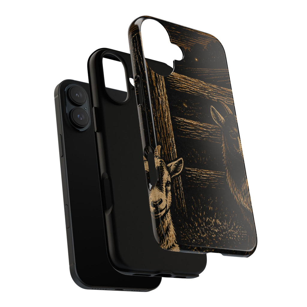 Goat iPhone Case – Pygmy Goats - Night Linocut Fireflies | Tough Dual-Layer Case, iPhone 11–17