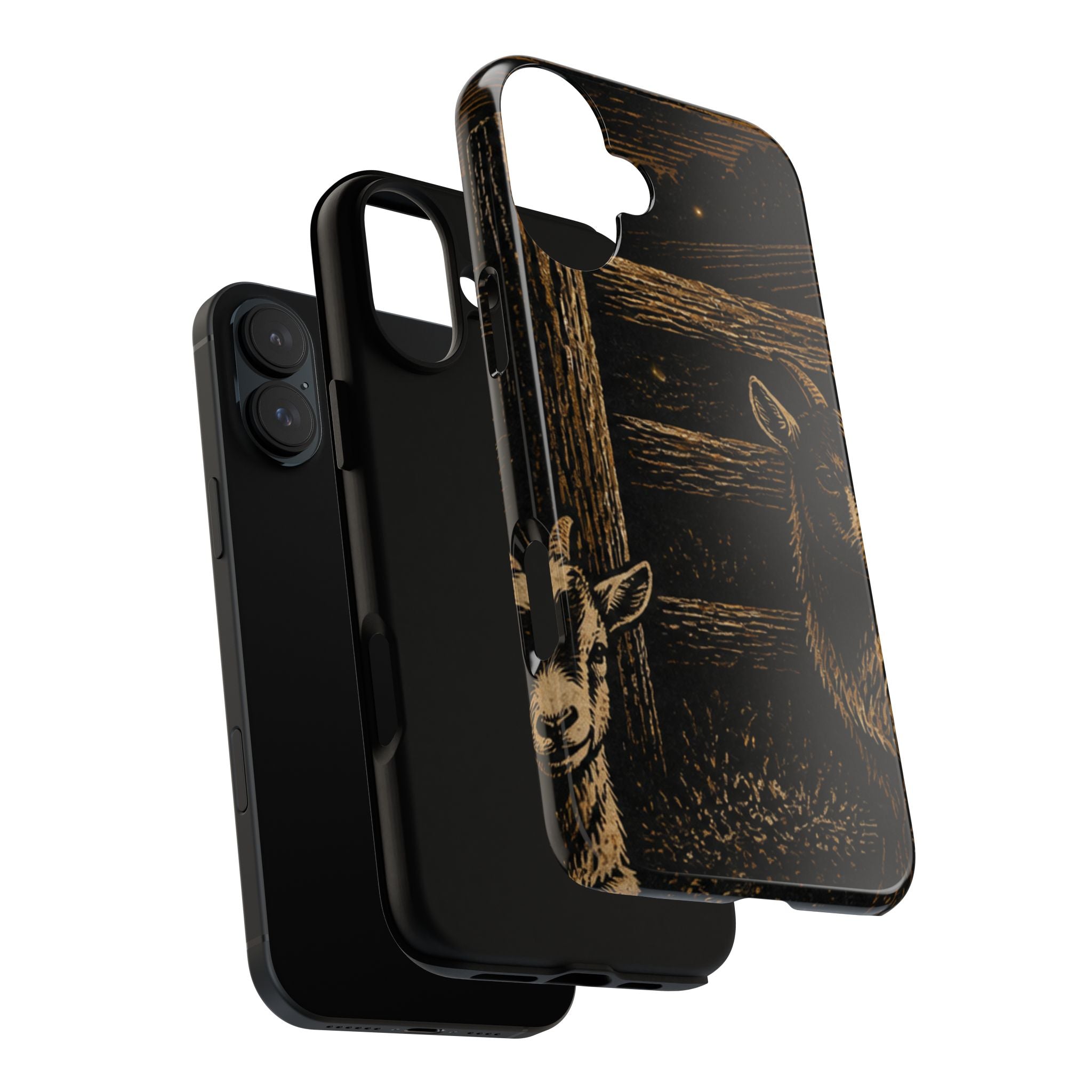 Goat iPhone Case – Pygmy Goats - Night Linocut Fireflies | Tough Dual-Layer Case, iPhone 11–17
