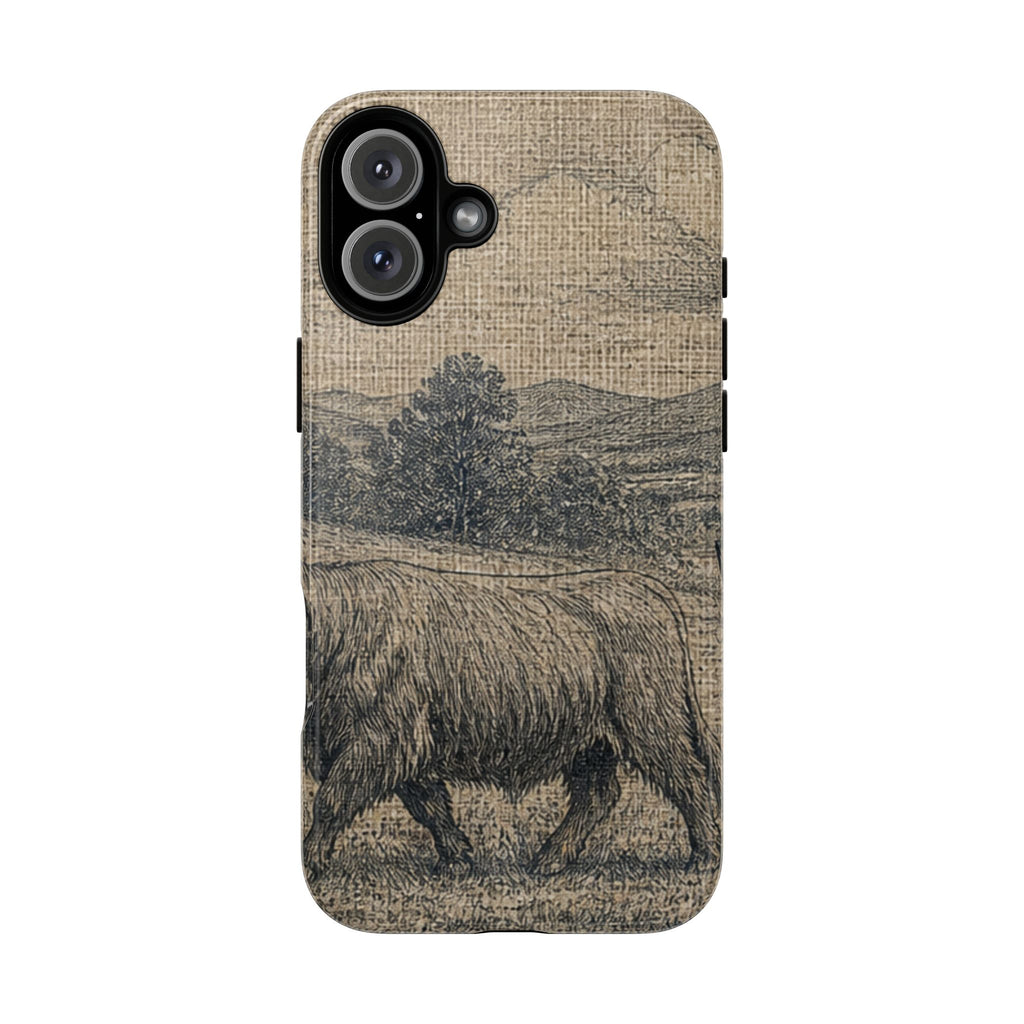 Highland Cow iPhone Case – Mini Highland - Linen Field Engraving | Tough Dual-Layer Case, iPhone 11–17