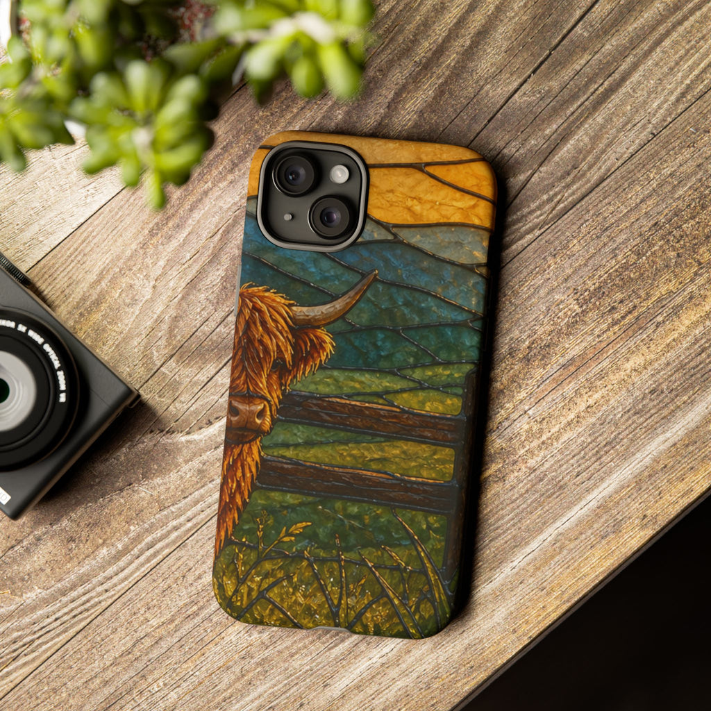 Highland Cow iPhone Case – Mini Highland - Stained Glass Morning Pasture | Tough Dual-Layer Case, iPhone 11–17