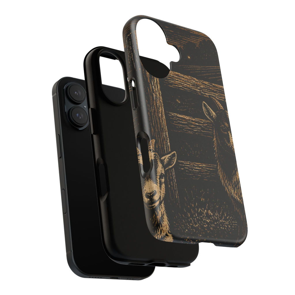 Goat iPhone Case – Pygmy Goats - Night Linocut Fireflies | Tough Dual-Layer Case, iPhone 11–17