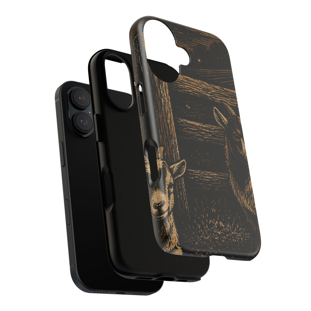 Goat iPhone Case – Pygmy Goats - Night Linocut Fireflies | Tough Dual-Layer Case, iPhone 11–17