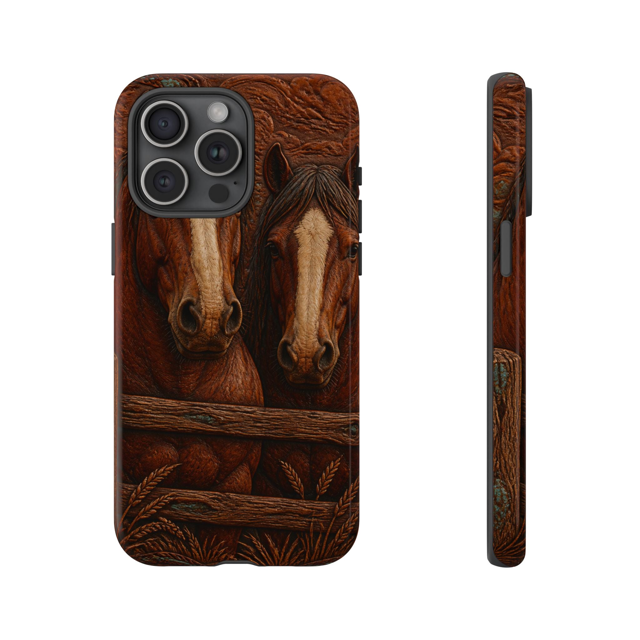 Draft Horse iPhone Case – Draft Horses at the Fence Tooled Leather | Tough Dual-Layer Case, iPhone 11–17