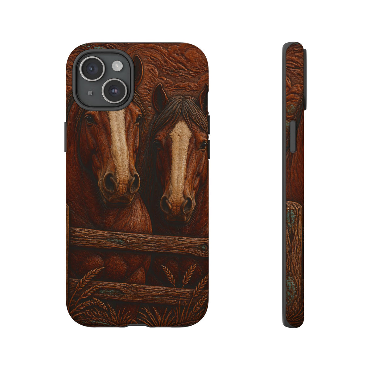 Draft Horse iPhone Case – Draft Horses at the Fence Tooled Leather | Tough Dual-Layer Case, iPhone 11–17