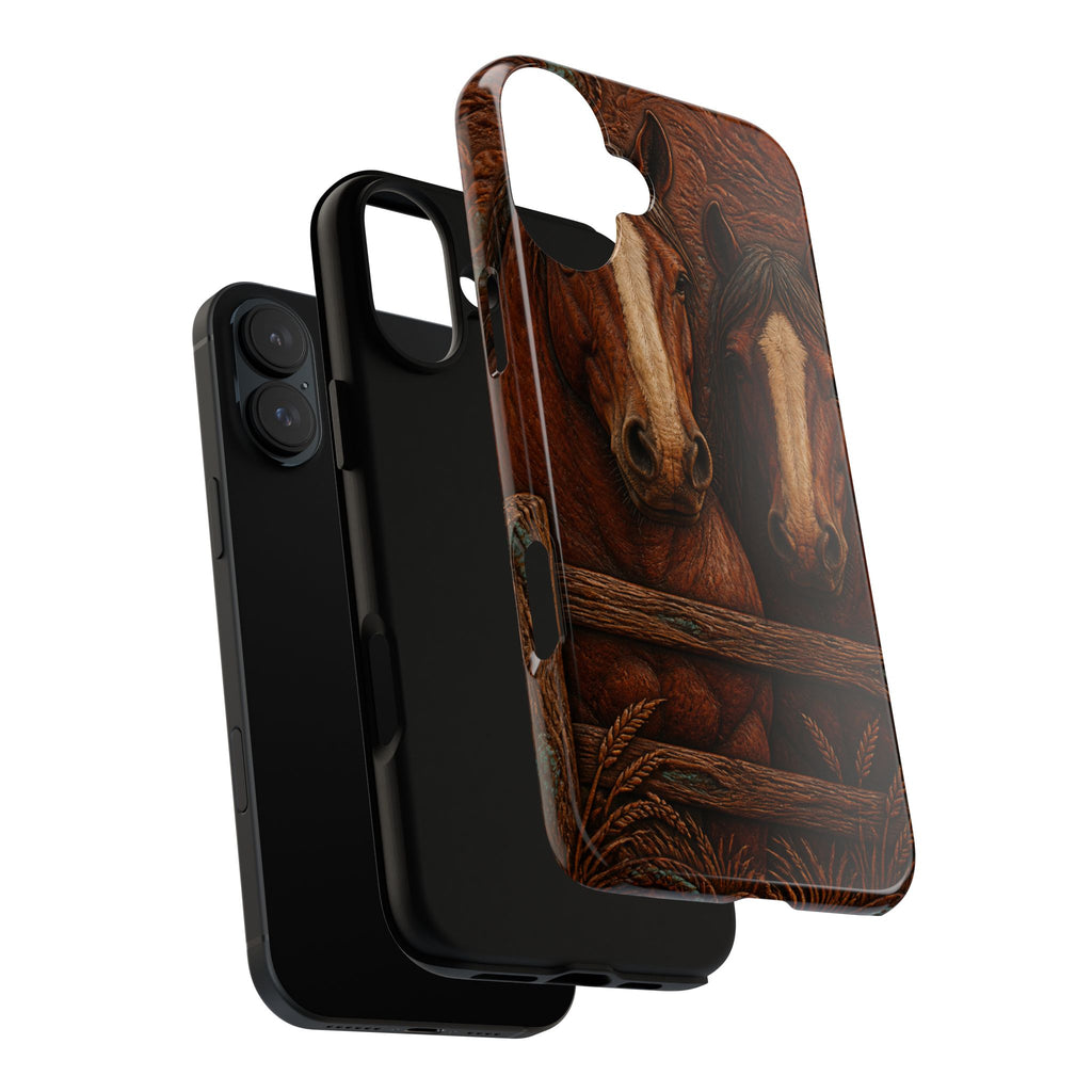 Draft Horse iPhone Case – Draft Horses at the Fence Tooled Leather | Tough Dual-Layer Case, iPhone 11–17