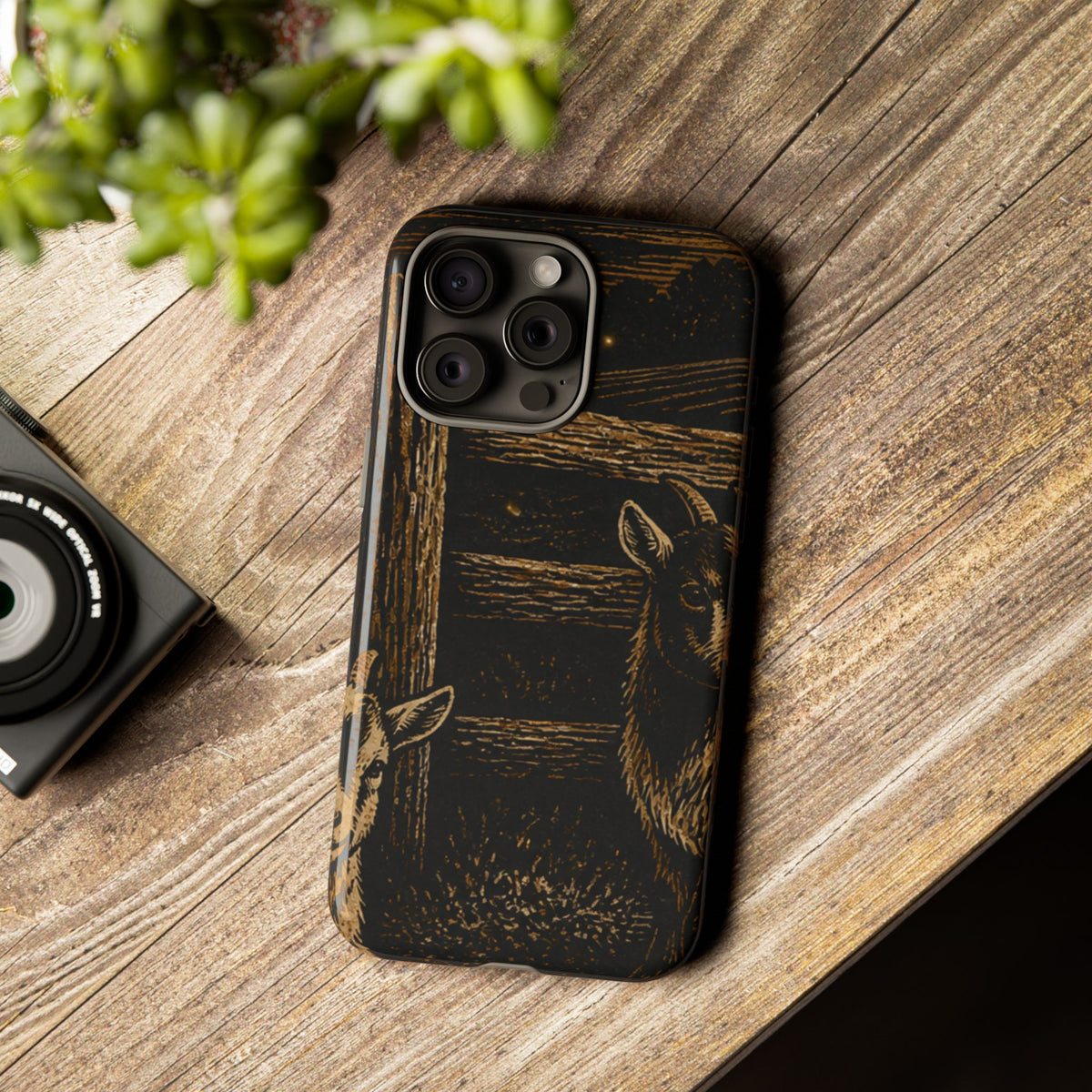 Goat iPhone Case – Pygmy Goats - Night Linocut Fireflies | Tough Dual-Layer Case, iPhone 11–17