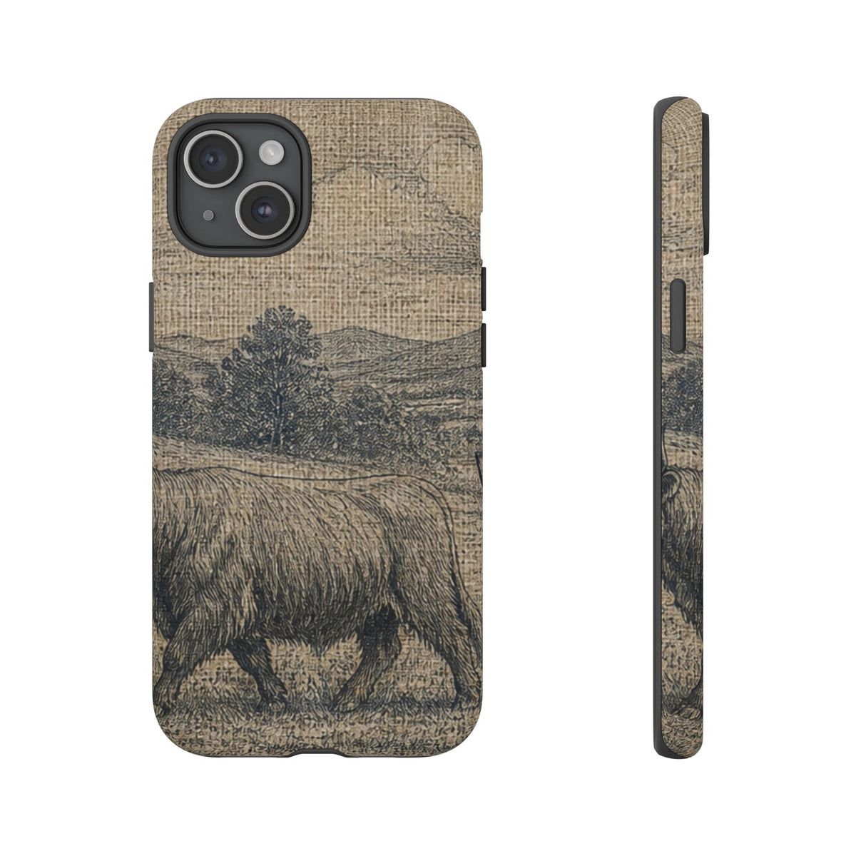 Highland Cow iPhone Case – Mini Highland - Linen Field Engraving | Tough Dual-Layer Case, iPhone 11–17