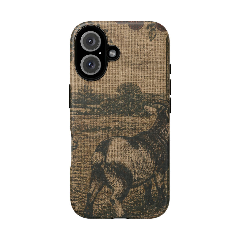 Goat iPhone Case – Pygmy Goats - Grain-Sack Orchard Gate | Tough Dual-Layer Case, iPhone 11–17