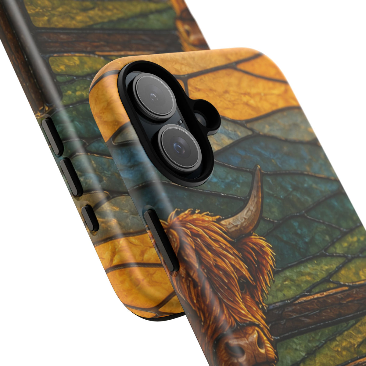 Highland Cow iPhone Case – Mini Highland - Stained Glass Morning Pasture | Tough Dual-Layer Case, iPhone 11–17