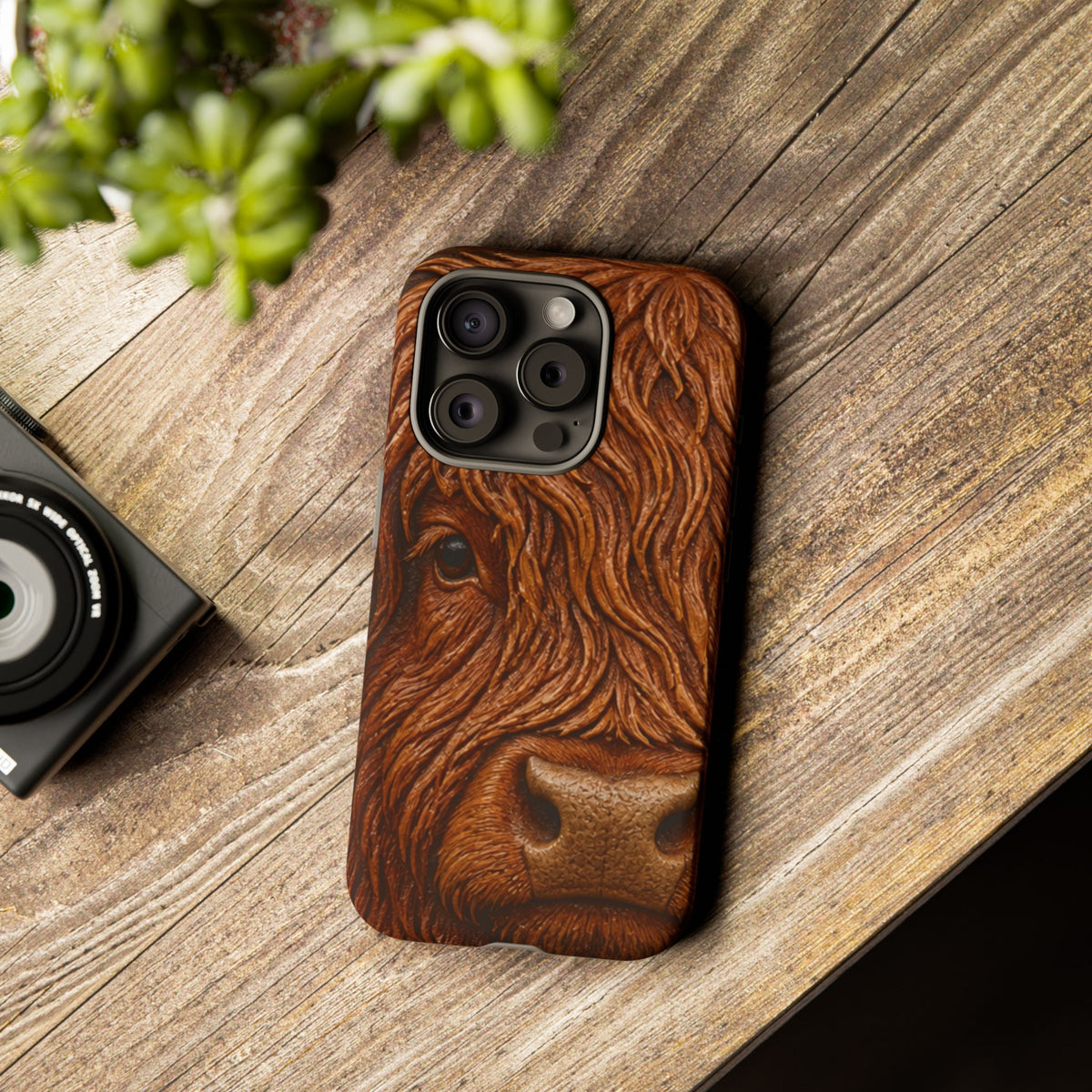 Highland Cow iPhone Case – Mini Highland - Tooled Leather Portrait | Tough Dual-Layer Case, iPhone 11–17