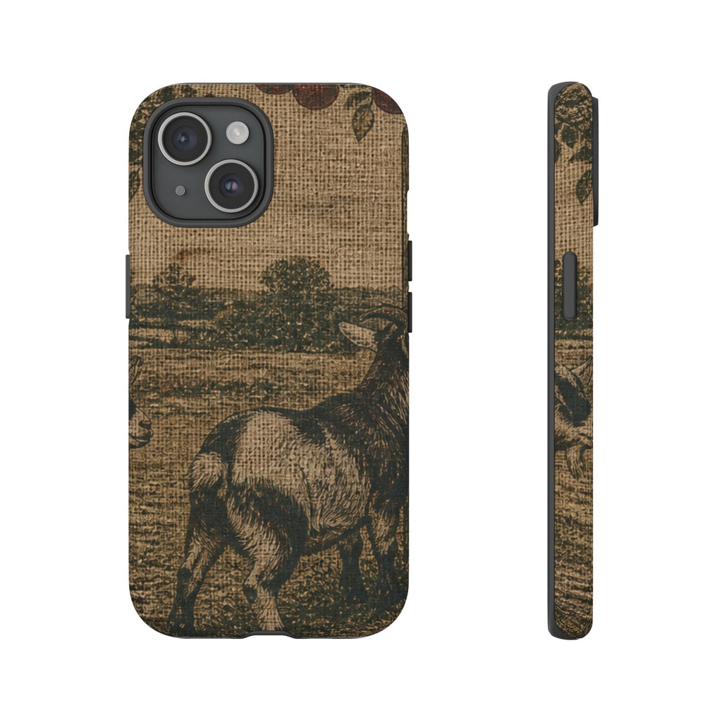 Goat iPhone Case – Pygmy Goats - Grain-Sack Orchard Gate | Tough Dual-Layer Case, iPhone 11–17