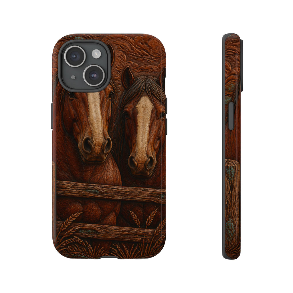 Draft Horse iPhone Case – Draft Horses at the Fence Tooled Leather | Tough Dual-Layer Case, iPhone 11–17
