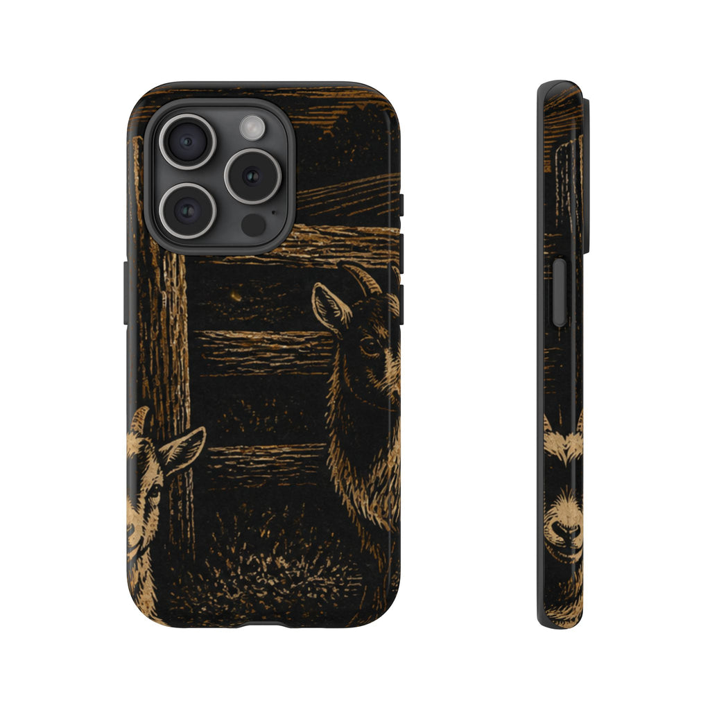 Goat iPhone Case – Pygmy Goats - Night Linocut Fireflies | Tough Dual-Layer Case, iPhone 11–17