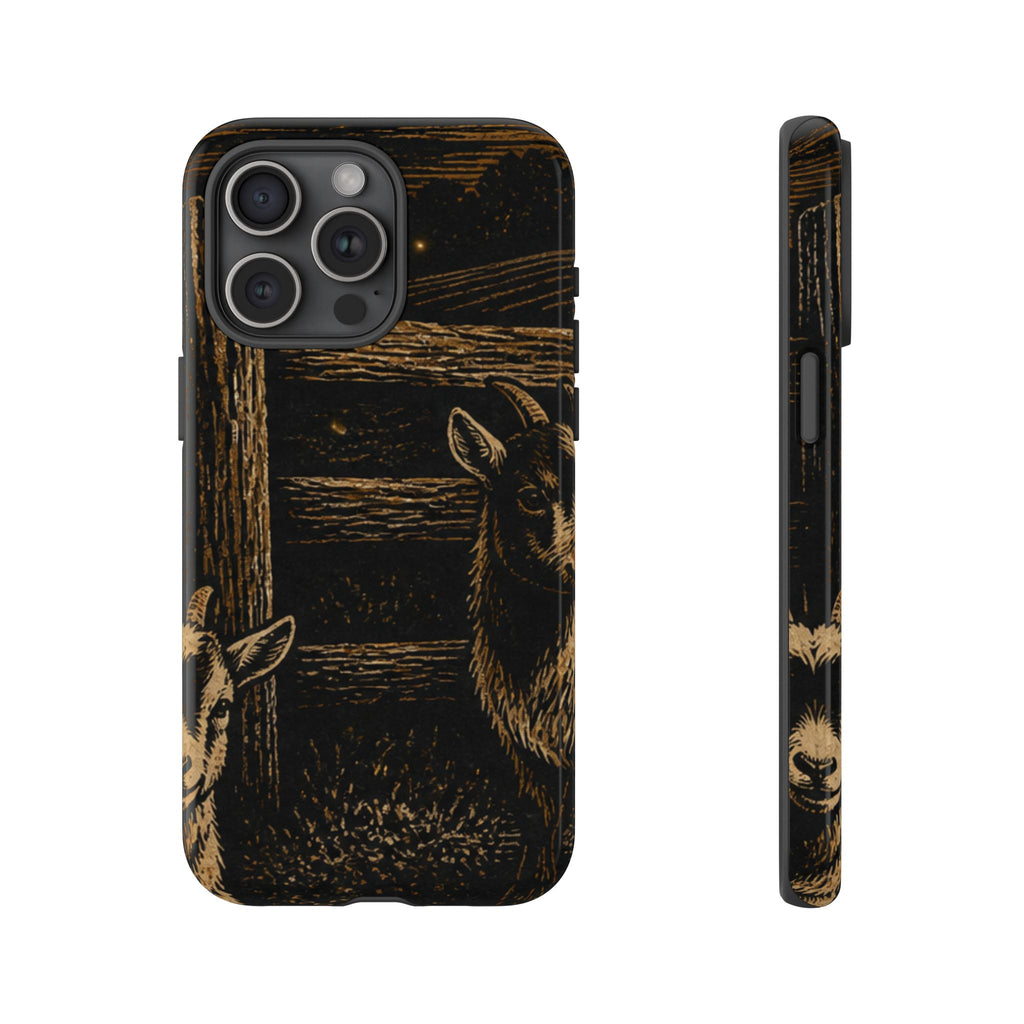 Goat iPhone Case – Pygmy Goats - Night Linocut Fireflies | Tough Dual-Layer Case, iPhone 11–17