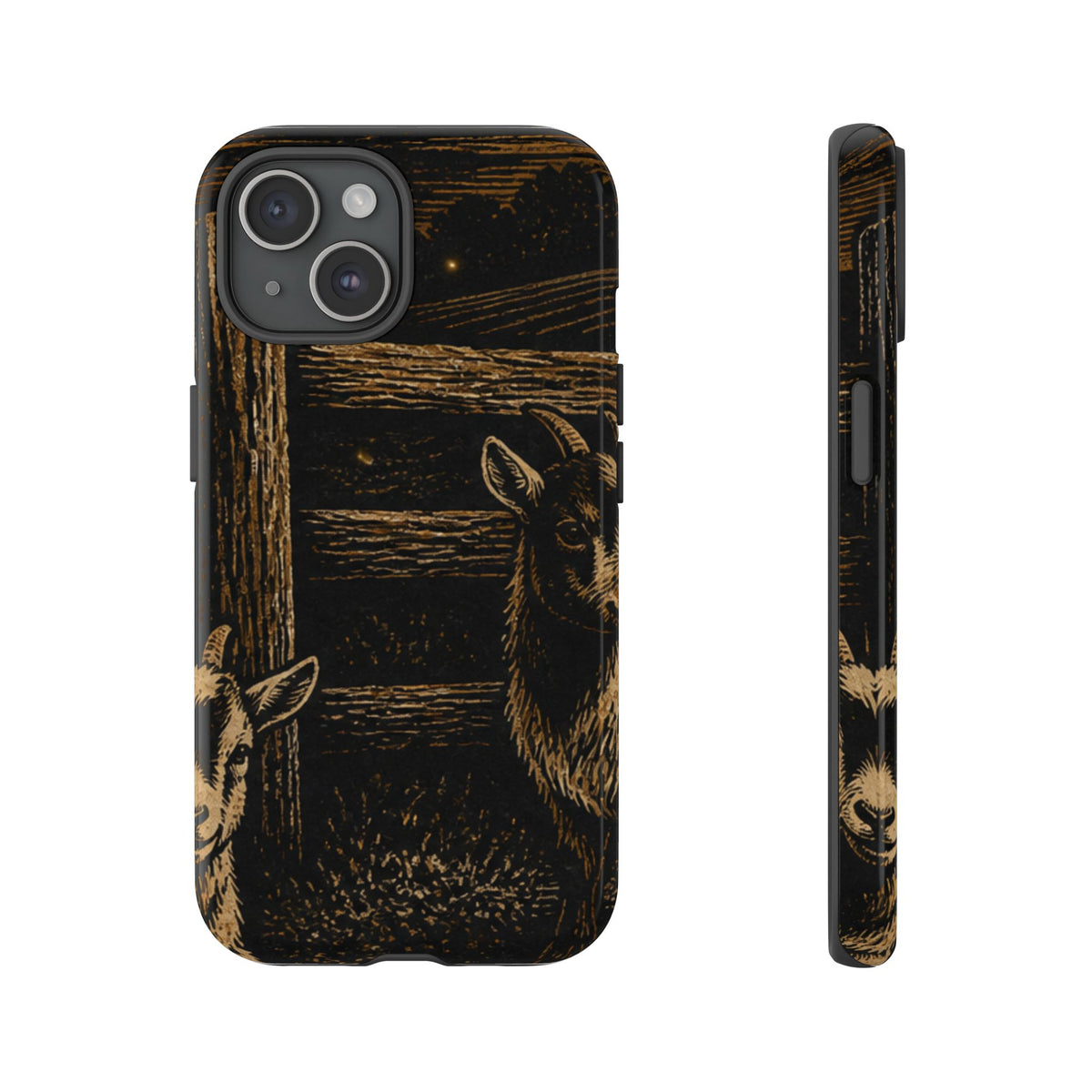 Goat iPhone Case – Pygmy Goats - Night Linocut Fireflies | Tough Dual-Layer Case, iPhone 11–17