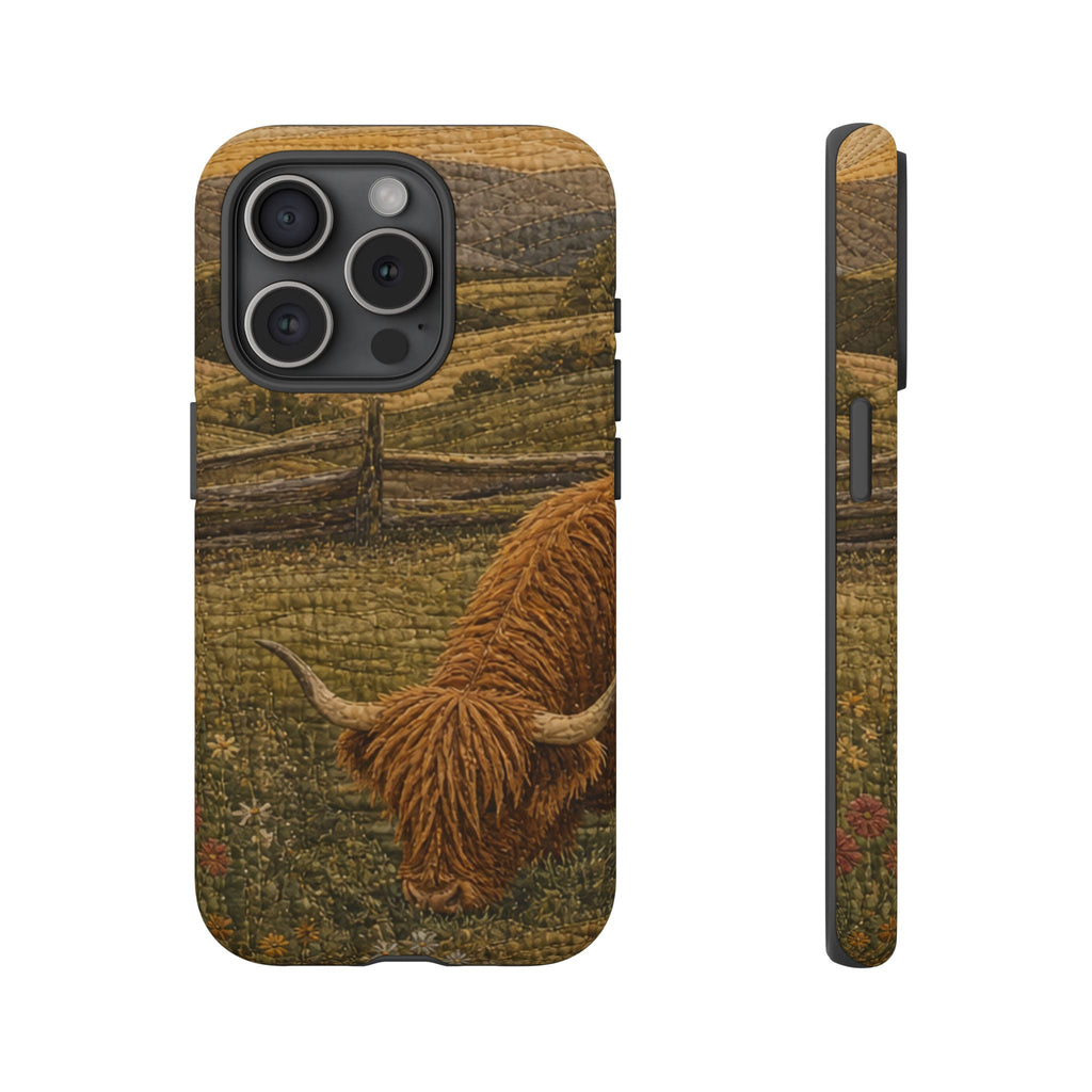 Highland Cow iPhone Case – Mini Highland - Heirloom Quilt Meadow | Tough Dual-Layer Case, iPhone 11–17