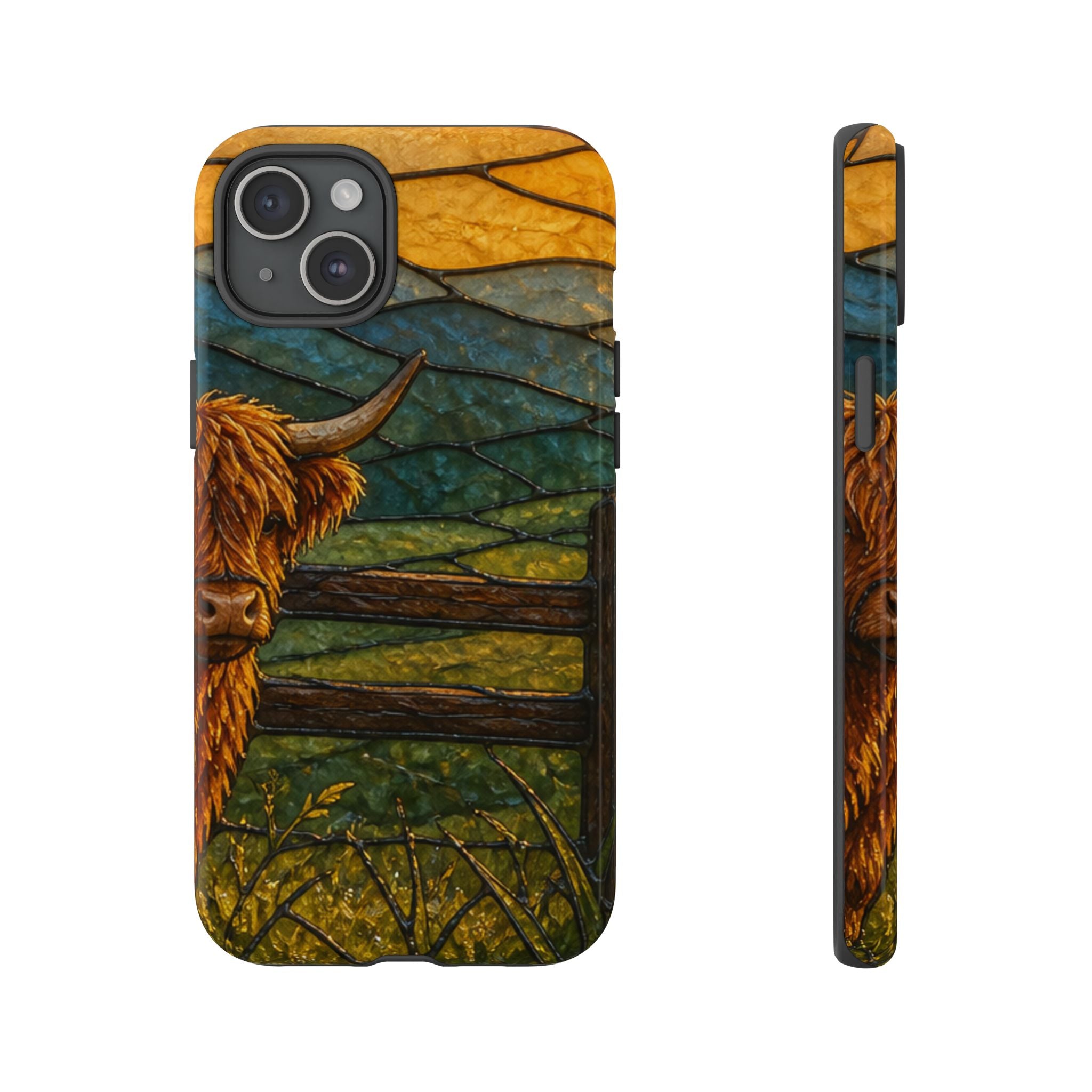 Highland Cow iPhone Case – Mini Highland - Stained Glass Morning Pasture | Tough Dual-Layer Case, iPhone 11–17
