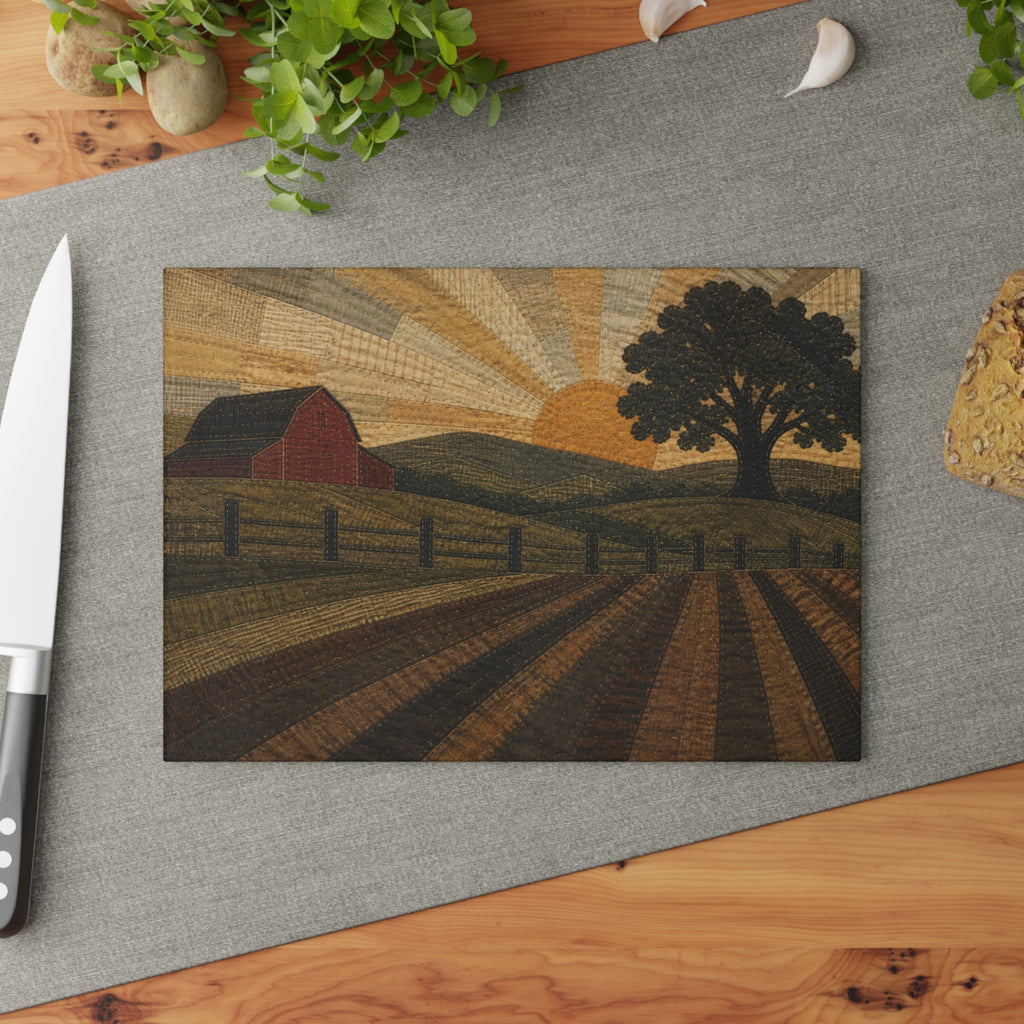 Glass Cutting Board – Quilted Pasture Sunset | Tempered Glass Charcuterie & Serving Board