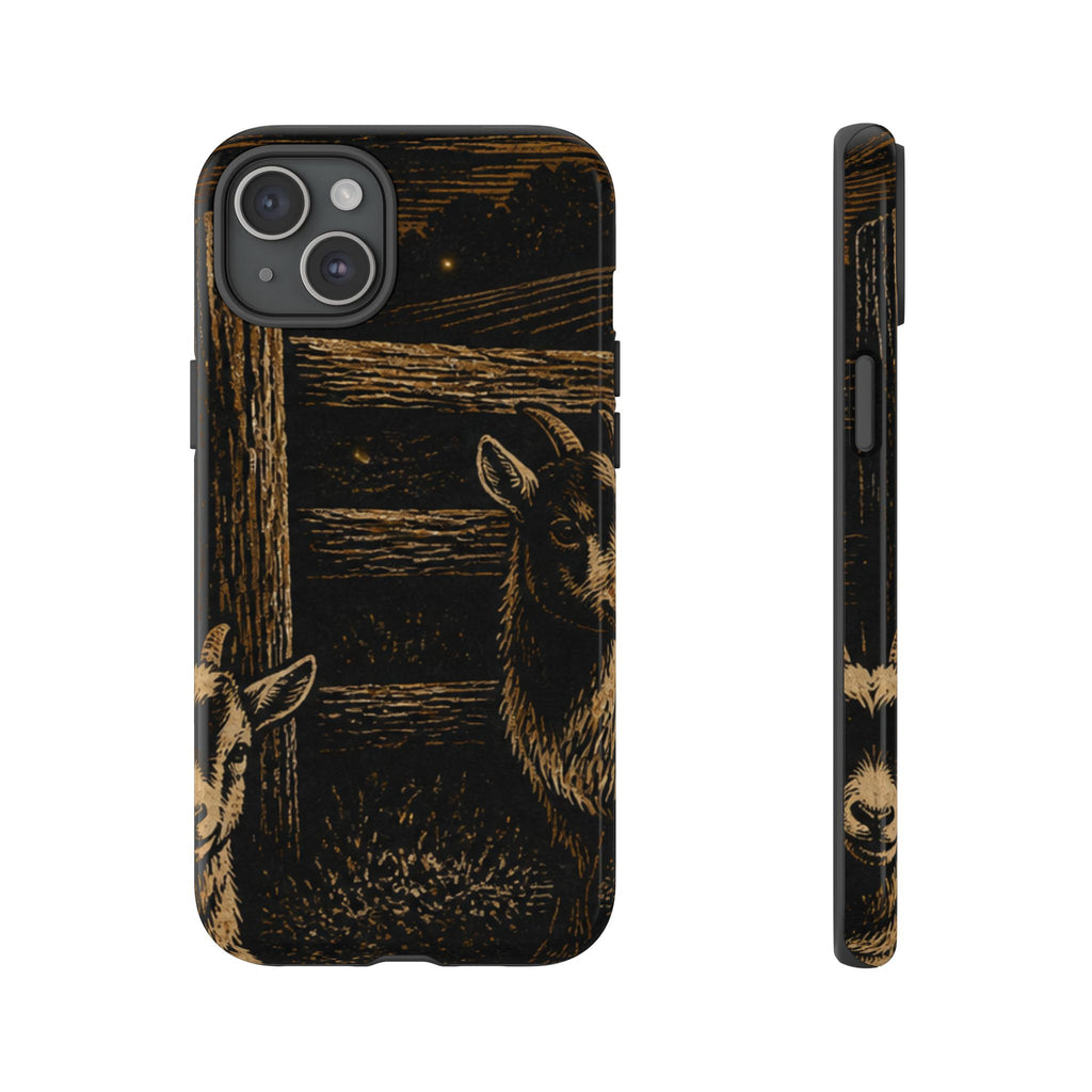 Goat iPhone Case – Pygmy Goats - Night Linocut Fireflies | Tough Dual-Layer Case, iPhone 11–17