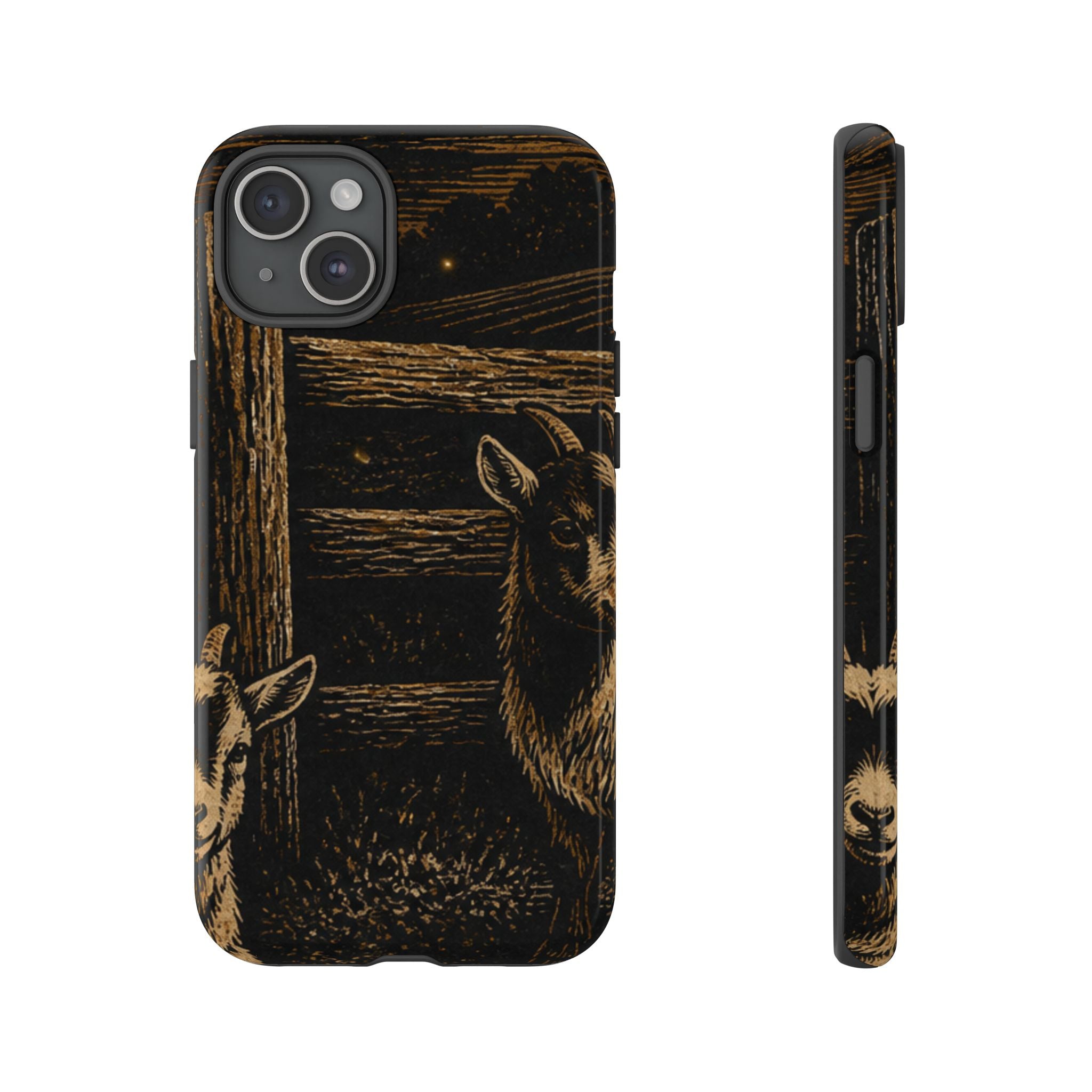 Goat iPhone Case – Pygmy Goats - Night Linocut Fireflies | Tough Dual-Layer Case, iPhone 11–17