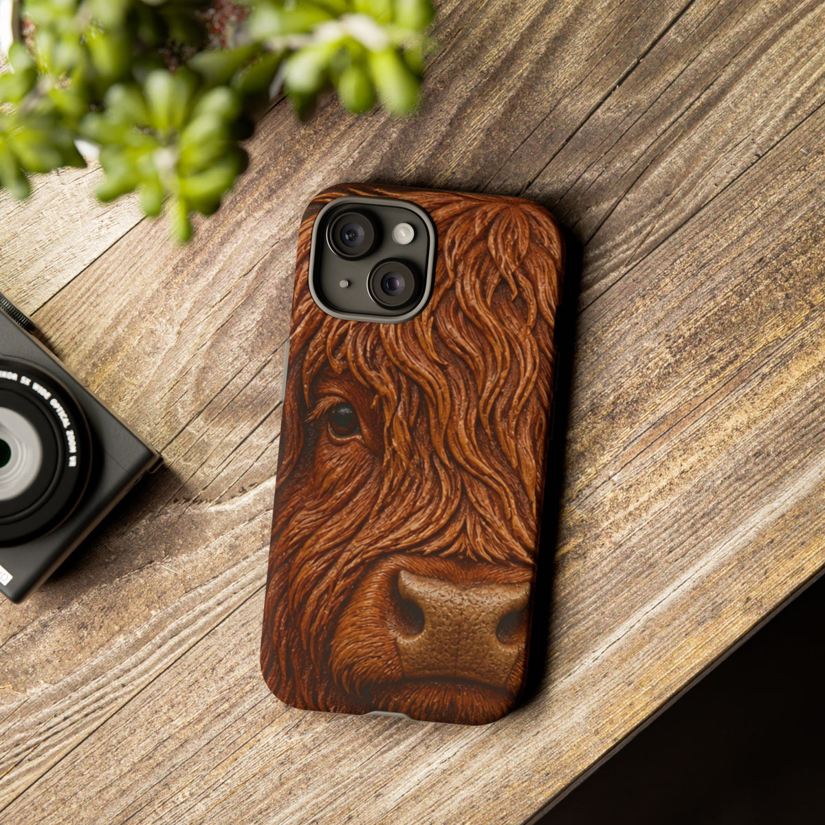 Highland Cow iPhone Case – Mini Highland - Tooled Leather Portrait | Tough Dual-Layer Case, iPhone 11–17