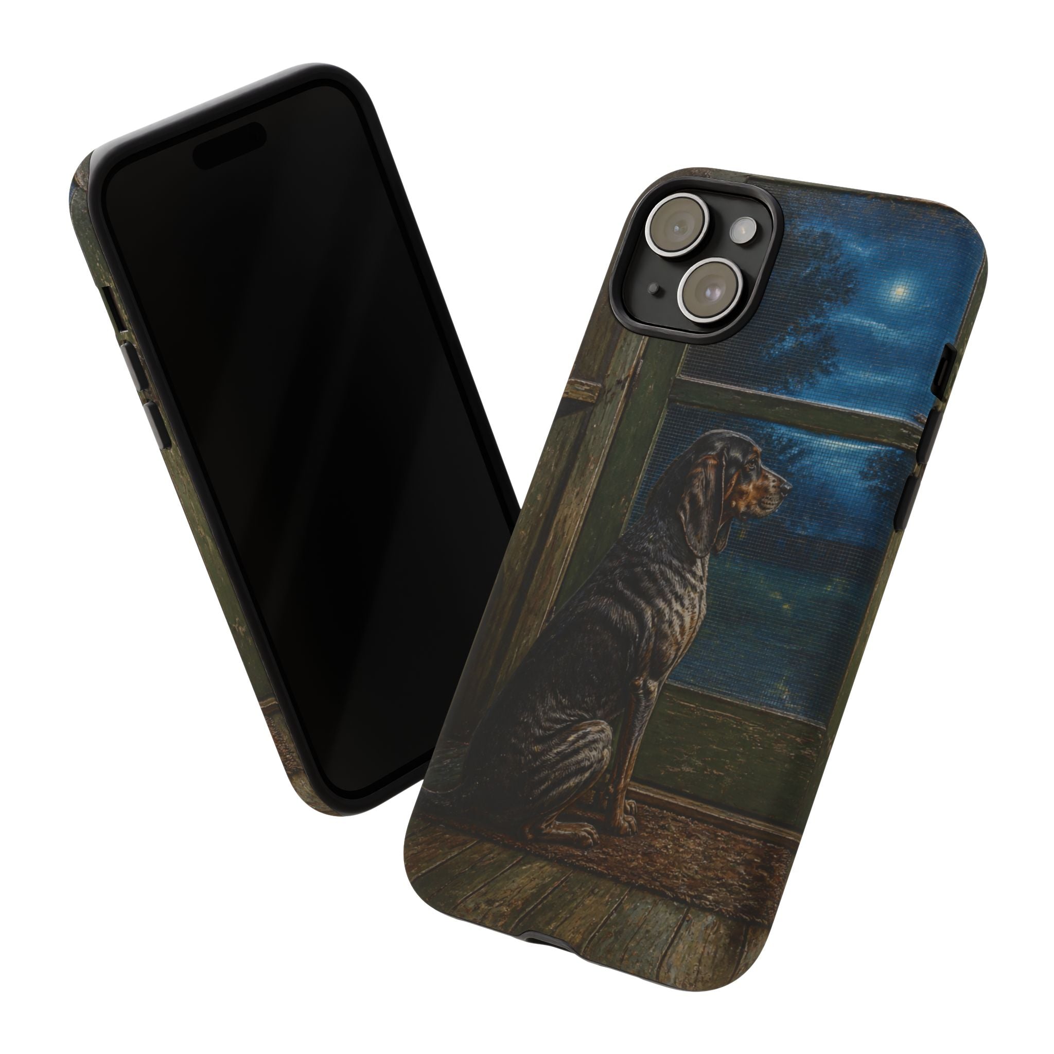 Coonhound Dog iPhone Case – Coonhound at the Screen Door Painted Tin | Tough Dual-Layer Case, iPhone 11–17