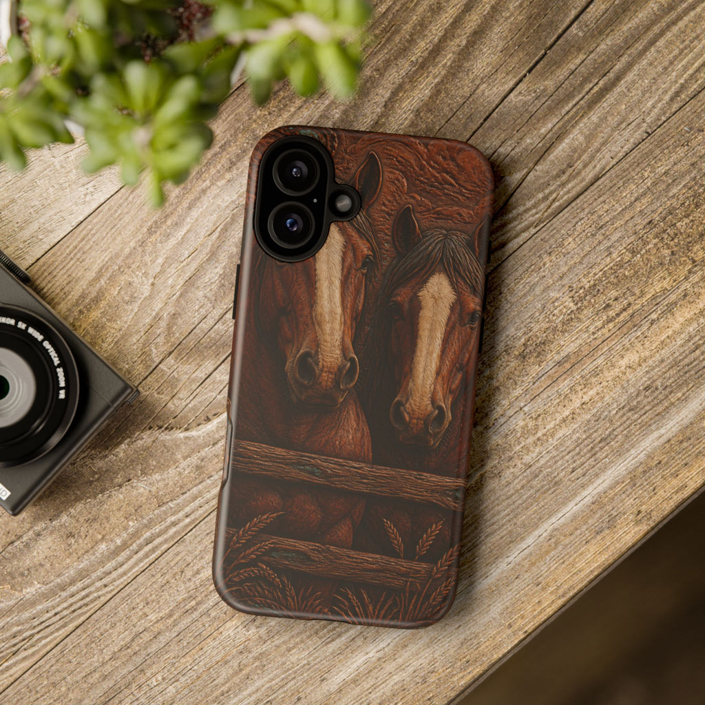 Draft Horse iPhone Case – Draft Horses at the Fence Tooled Leather | Tough Dual-Layer Case, iPhone 11–17