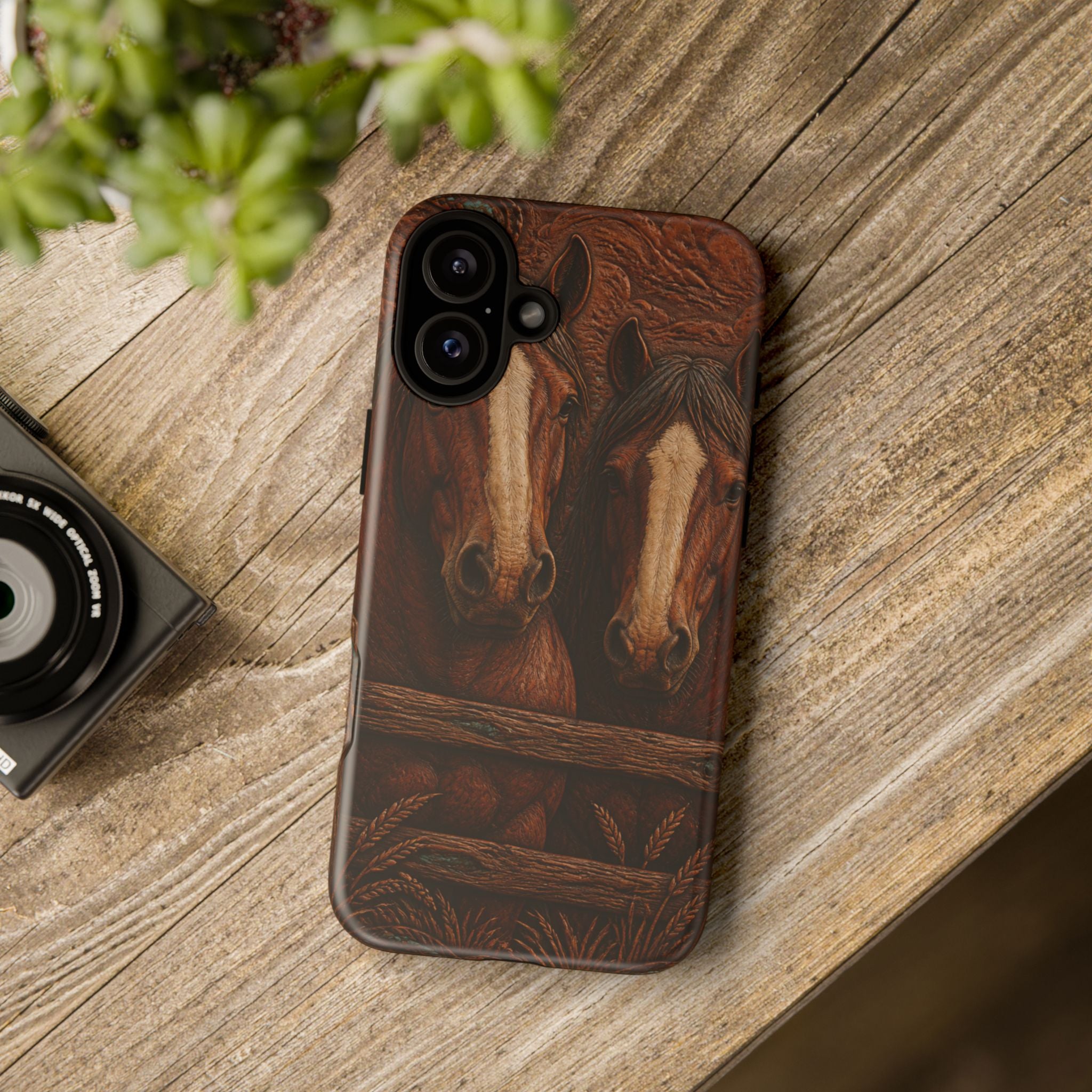 Draft Horse iPhone Case – Draft Horses at the Fence Tooled Leather | Tough Dual-Layer Case, iPhone 11–17