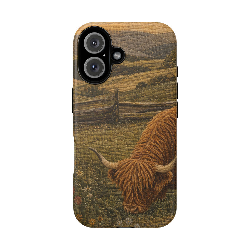 Highland Cow iPhone Case – Mini Highland - Heirloom Quilt Meadow | Tough Dual-Layer Case, iPhone 11–17