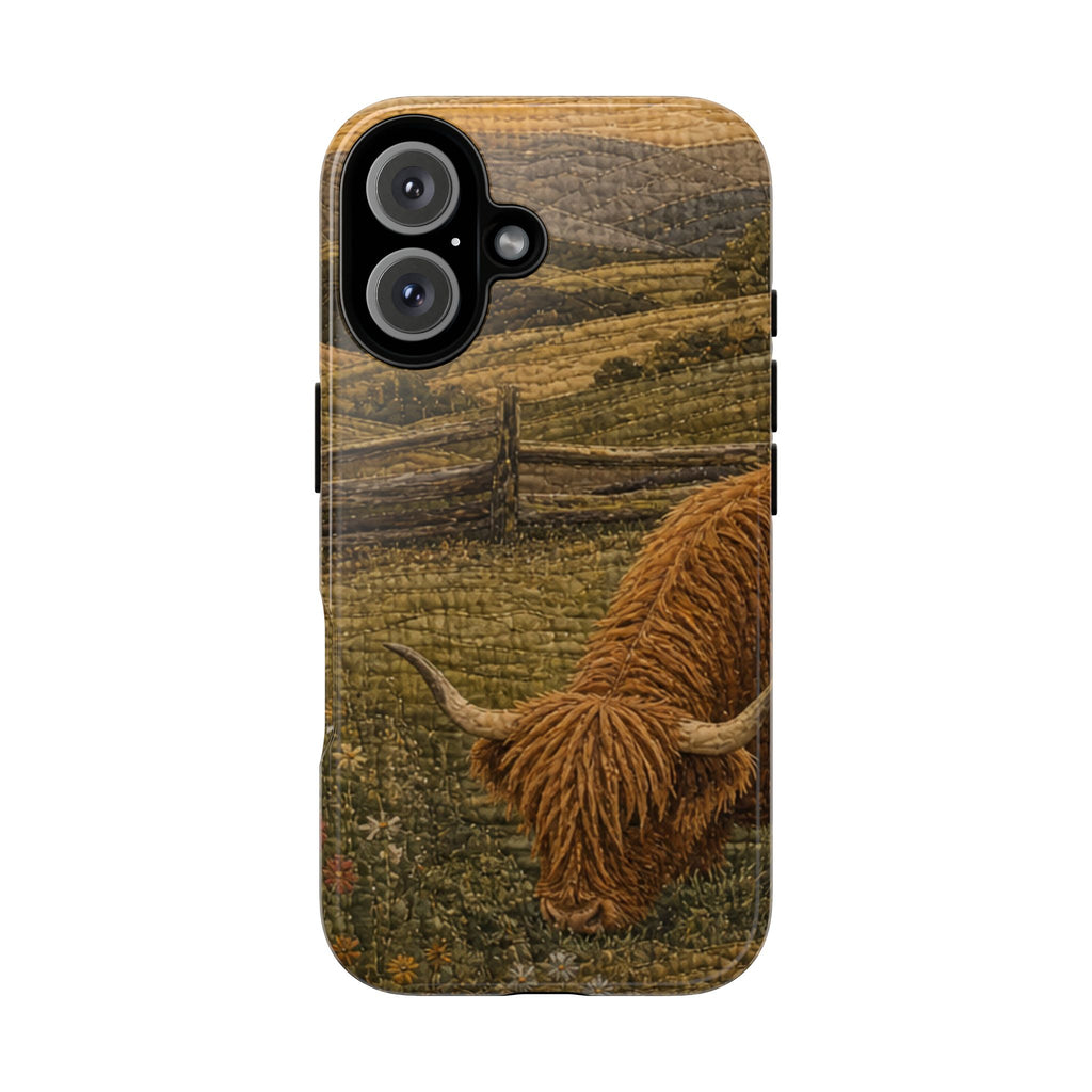 Highland Cow iPhone Case – Mini Highland - Heirloom Quilt Meadow | Tough Dual-Layer Case, iPhone 11–17