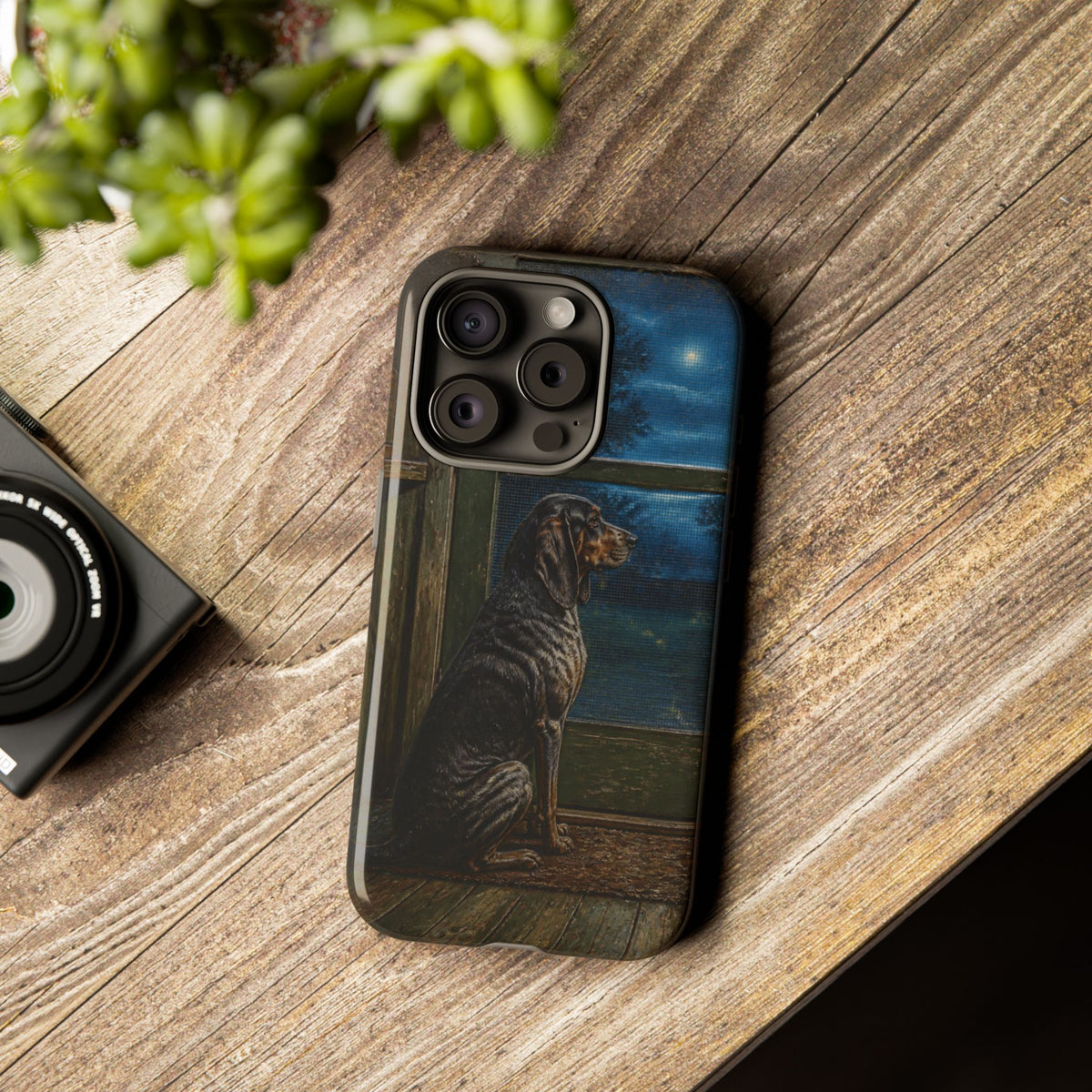 Coonhound Dog iPhone Case – Coonhound at the Screen Door Painted Tin | Tough Dual-Layer Case, iPhone 11–17