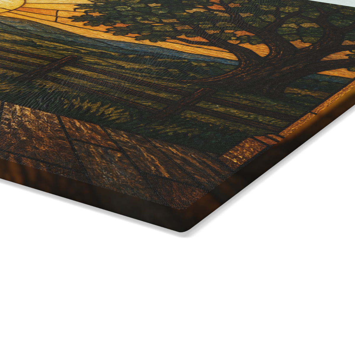 Glass Cutting Board – Stained Glass Porch Sunrise | Tempered Glass Charcuterie & Serving Board