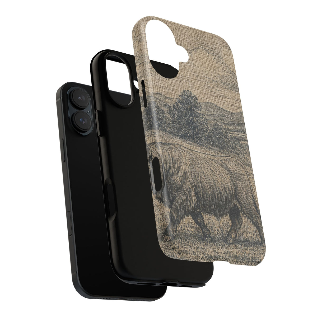Highland Cow iPhone Case – Mini Highland - Linen Field Engraving | Tough Dual-Layer Case, iPhone 11–17