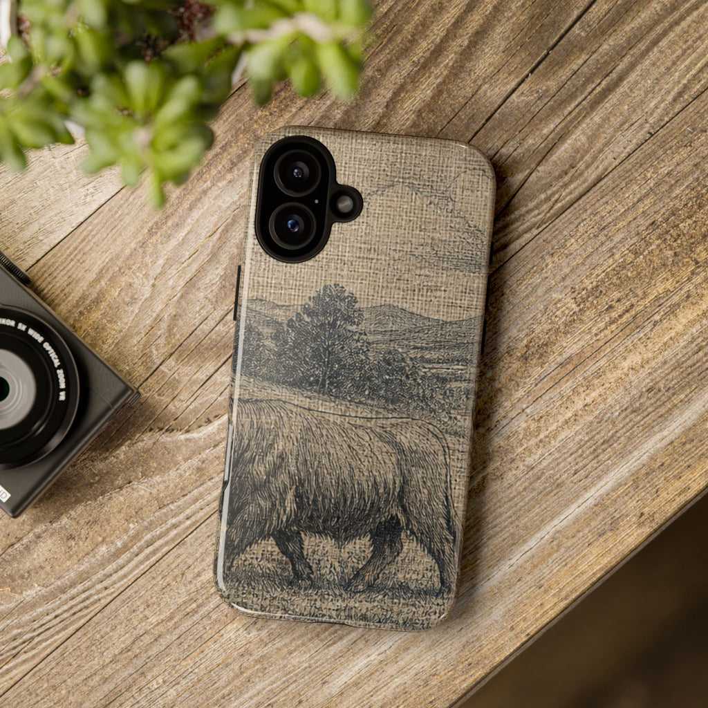 Highland Cow iPhone Case – Mini Highland - Linen Field Engraving | Tough Dual-Layer Case, iPhone 11–17