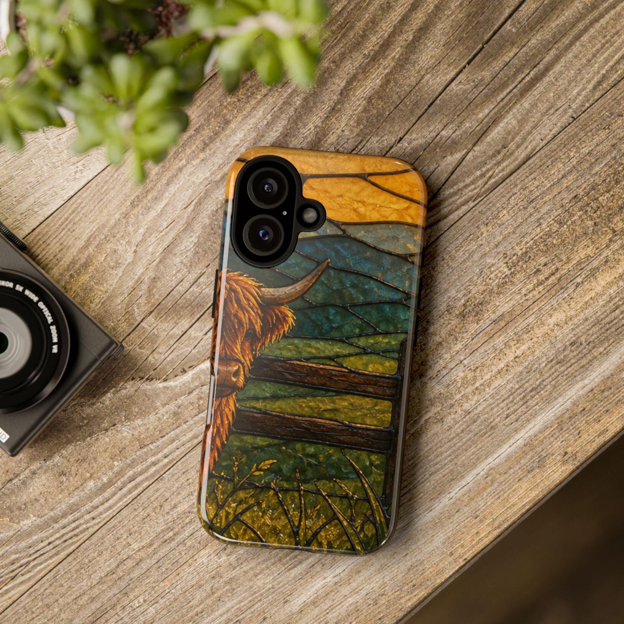 Highland Cow iPhone Case – Mini Highland - Stained Glass Morning Pasture | Tough Dual-Layer Case, iPhone 11–17