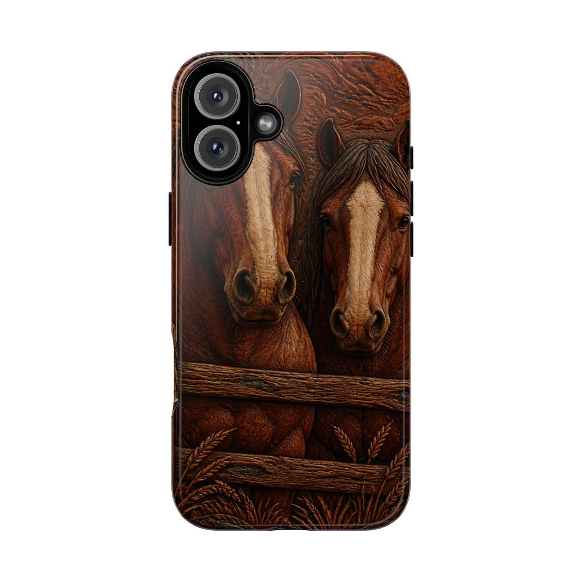 Draft Horse iPhone Case – Draft Horses at the Fence Tooled Leather | Tough Dual-Layer Case, iPhone 11–17