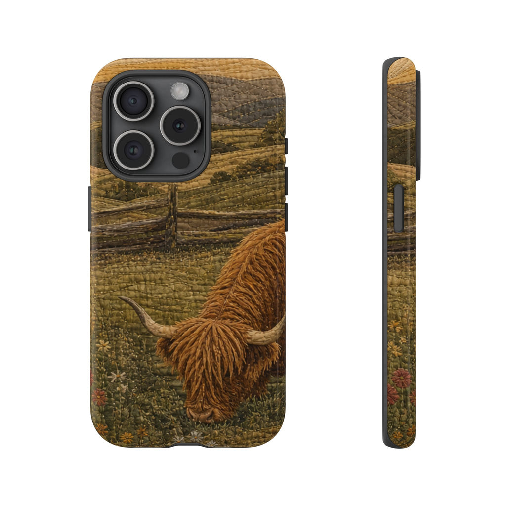 Highland Cow iPhone Case – Mini Highland - Heirloom Quilt Meadow | Tough Dual-Layer Case, iPhone 11–17