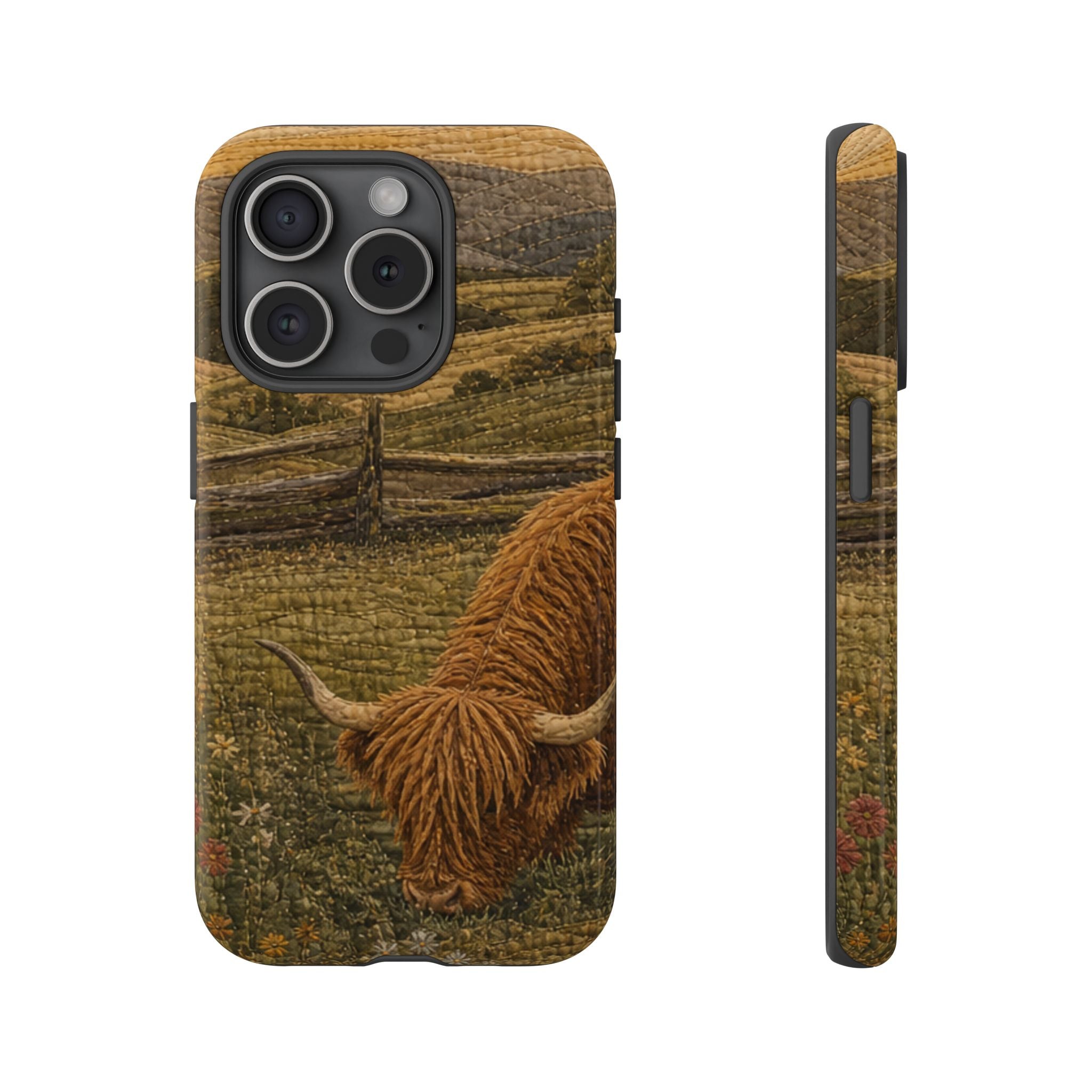 Highland Cow iPhone Case – Mini Highland - Heirloom Quilt Meadow | Tough Dual-Layer Case, iPhone 11–17