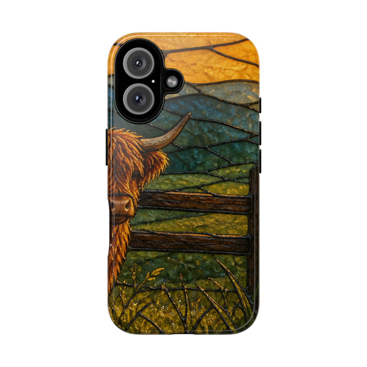 Highland Cow iPhone Case – Mini Highland - Stained Glass Morning Pasture | Tough Dual-Layer Case, iPhone 11–17
