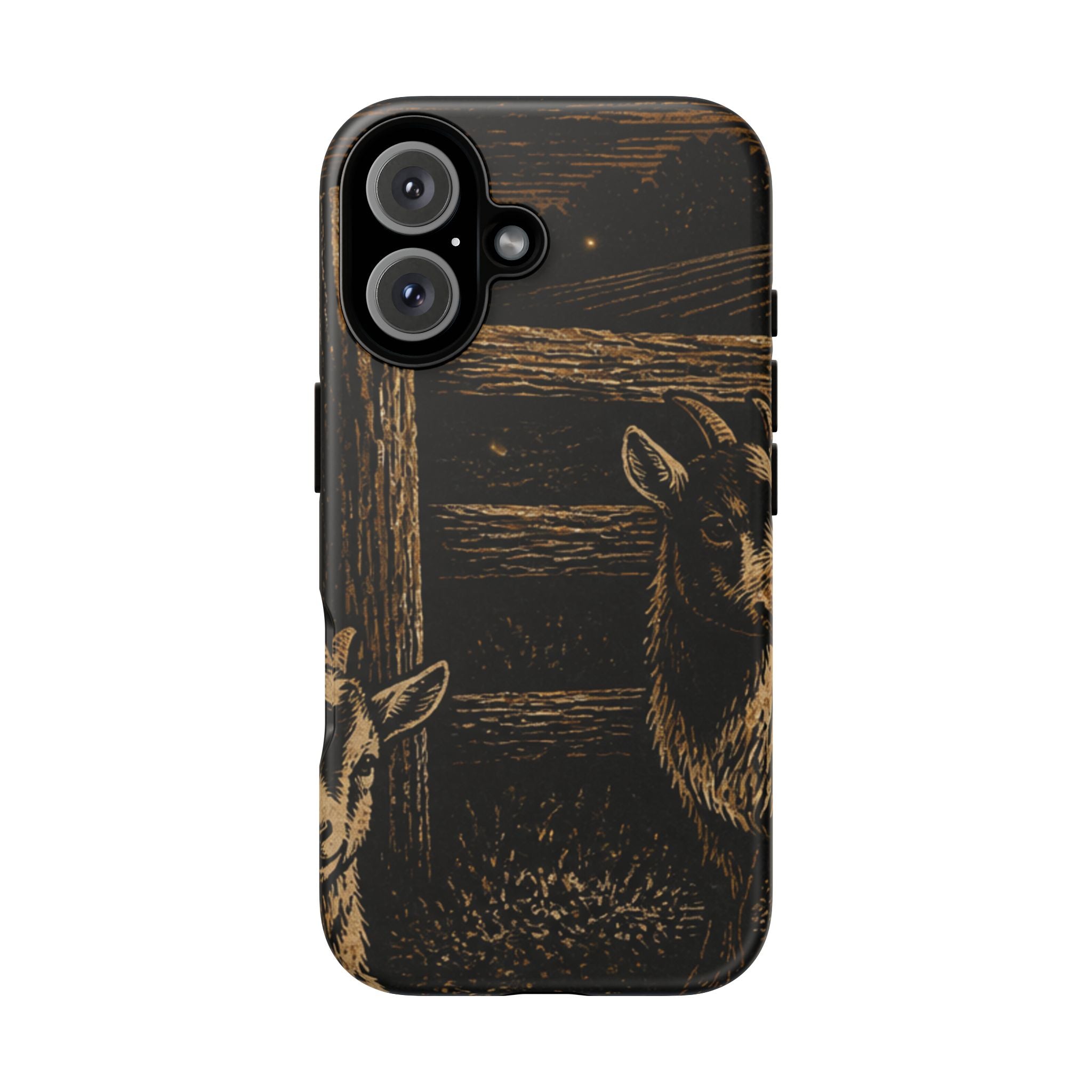 Goat iPhone Case – Pygmy Goats - Night Linocut Fireflies | Tough Dual-Layer Case, iPhone 11–17