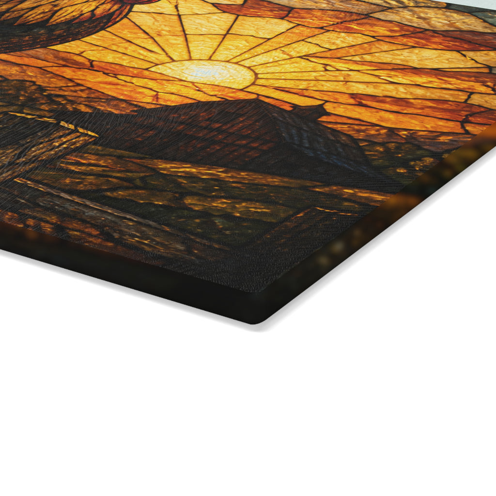 Rooster Glass Cutting Board – Rooster at First Light Stained | Tempered Glass Charcuterie & Serving Board