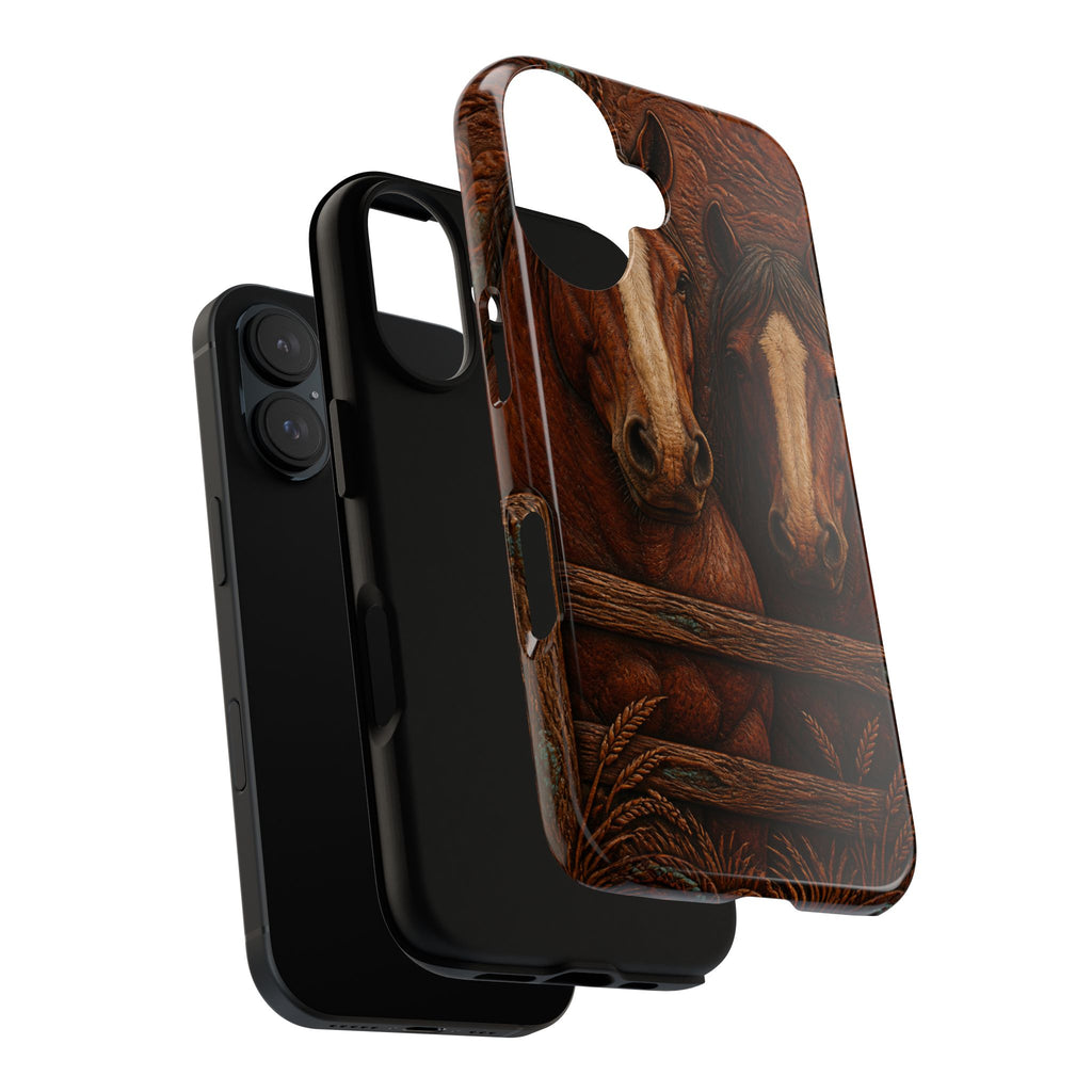 Draft Horse iPhone Case – Draft Horses at the Fence Tooled Leather | Tough Dual-Layer Case, iPhone 11–17